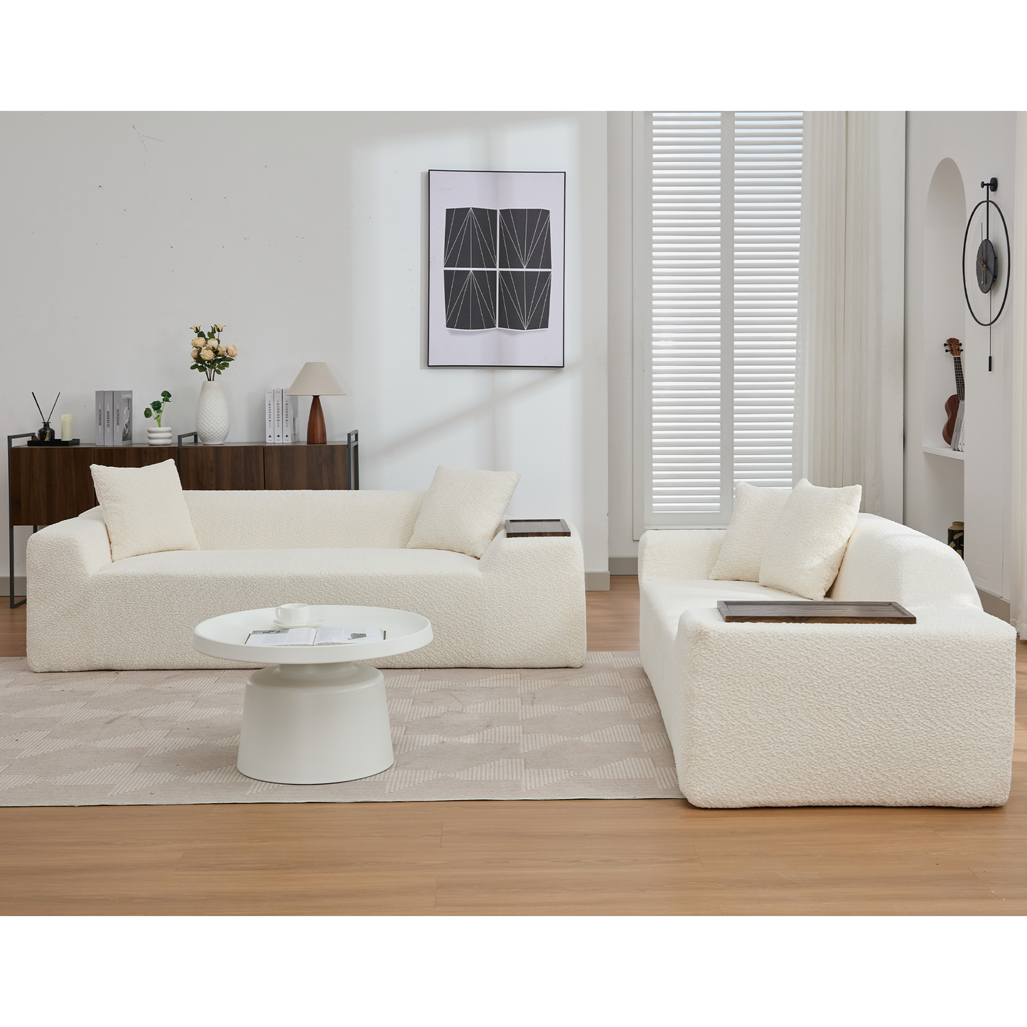 2 Piece Boucle Cloud Sofa Set, Upholstered Sofa Set, Modern 3 Seater and 2 Seater Sofa With MDF End Table for Living Room
