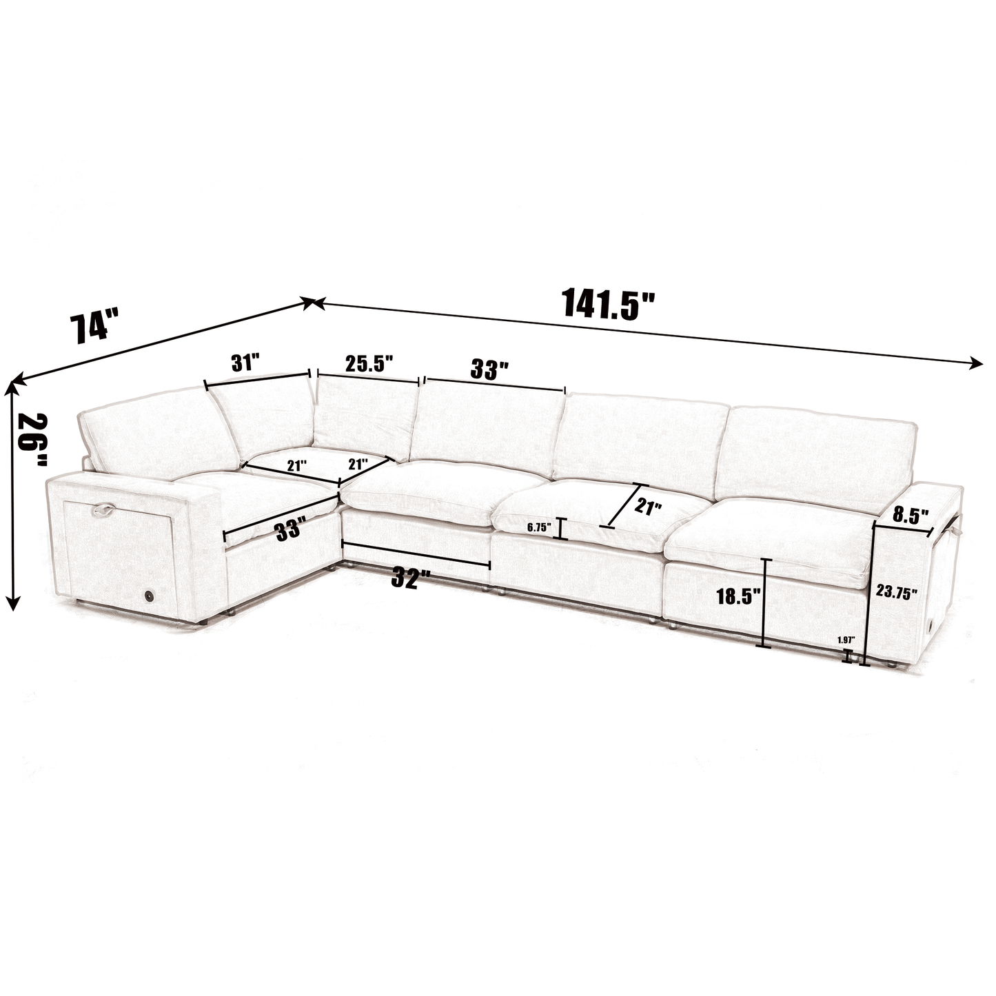 Sectional Couches for Living Room,Modular Couch,Wireless Charging Port & Cup Holders,5-Seat ,DIY Combination,L-Shaped Sofa