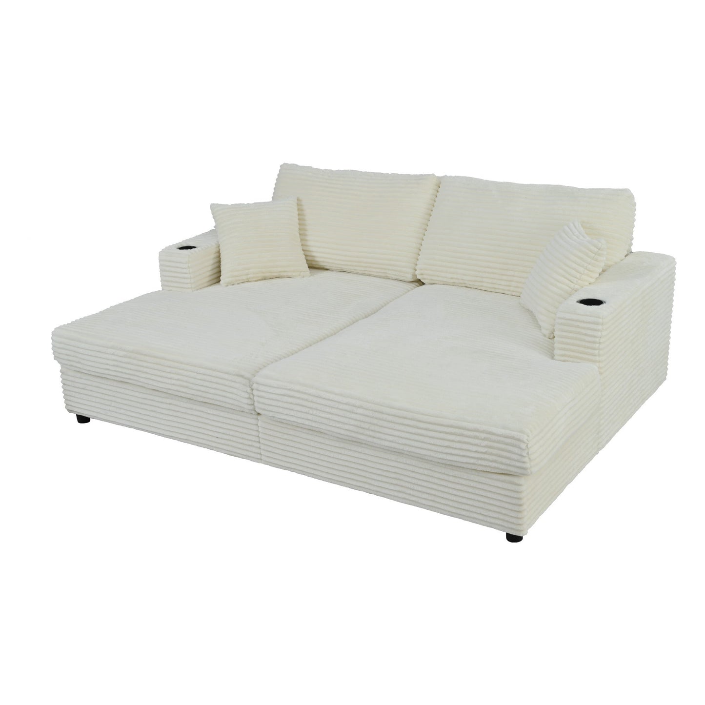 86.5" Oversized Loveseat Chaise Lounge Sectional Sofa Bed Corduroy Sleeper Sofa With Two USB Ports , Two Cup Holders