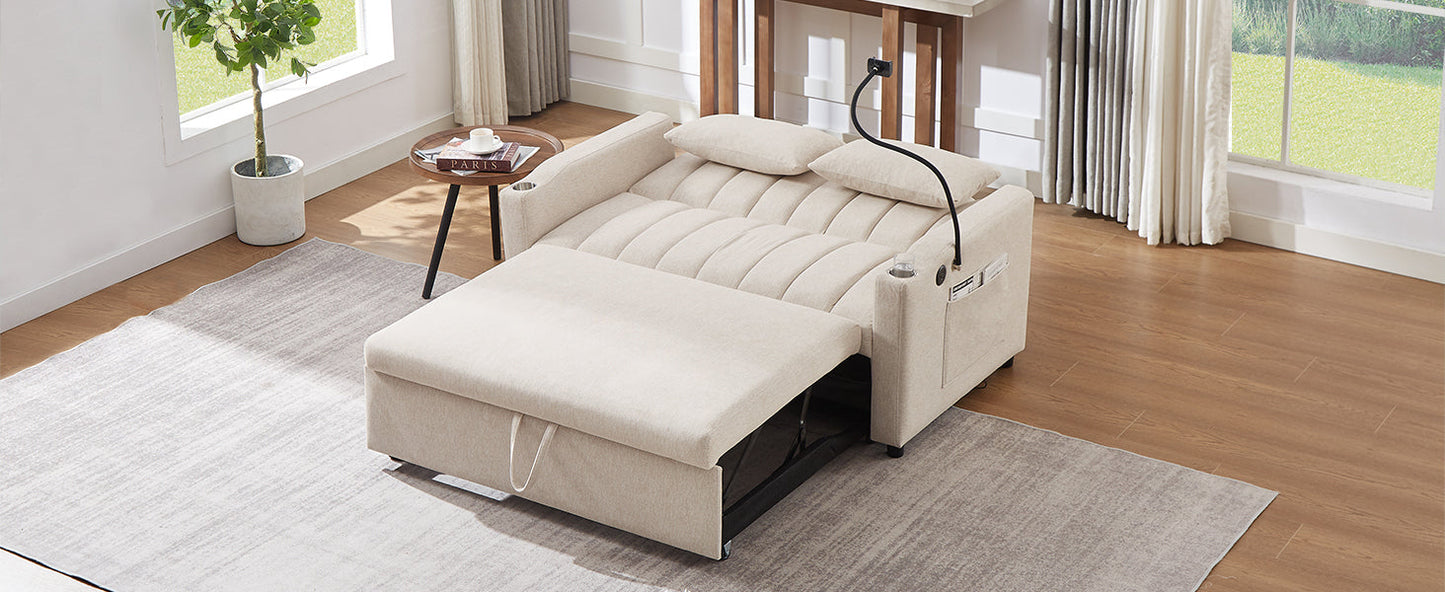 55.9" Convertible Sofa Bed Loveseat Sofa With Three USB Ports, Two Side Pockets, Two Cup Holders