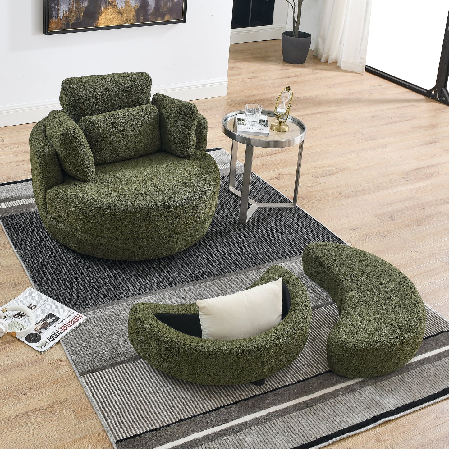 39"W Oversized Swivel Chair With Moon Storage Ottoman for Living Room, Modern Accent Round Loveseat Circle
