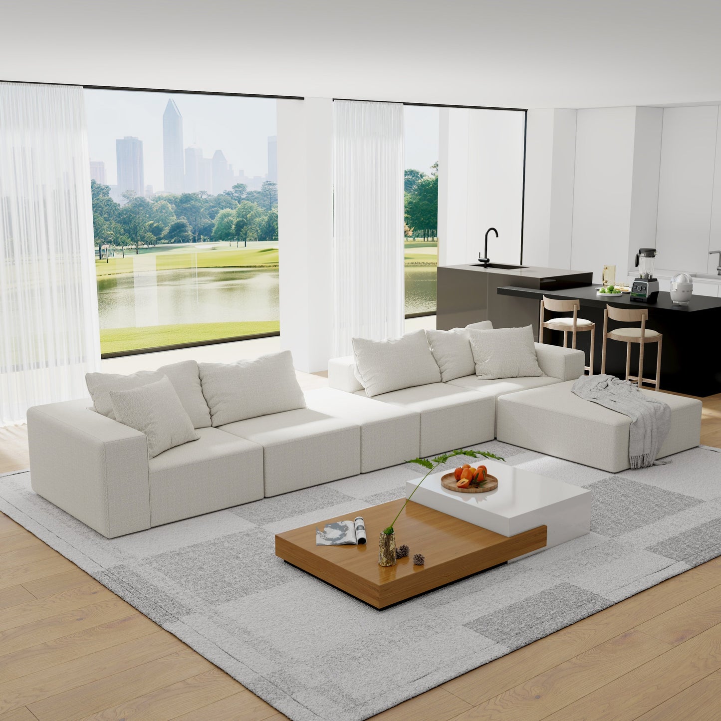 Modern Upholstered Sectional Sofa Couch Set,Modular 132" L Shaped Sectional Living Room Sofa Set With 6 Pillows,Free Com