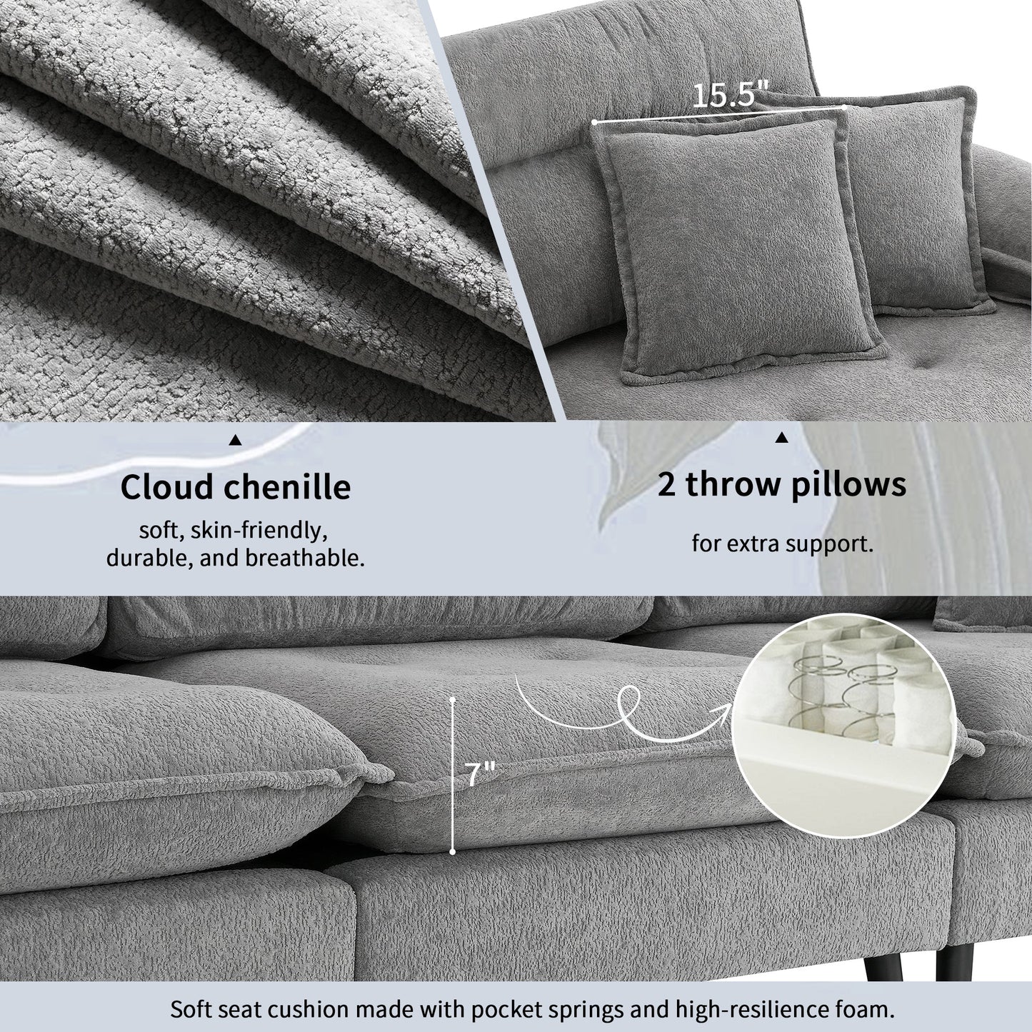 106*66.5" L Shaped Convertible Sectional Sofa,4 Seat Tufted Couch Set With Two-Tone Adjust Legs,Cloud Chenille Fabric