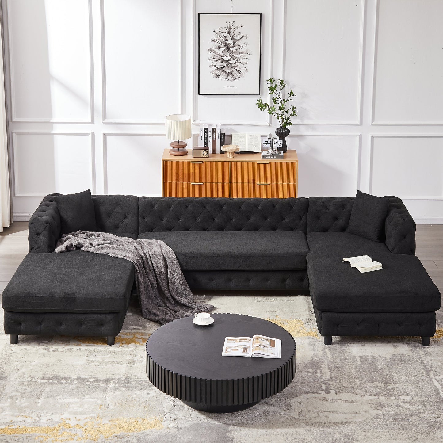 126-Inch Modern Style Chenille Three Piece Sofa, Pull Point Design U-Shaped Sofa Two Chaise Longue Seats, Two Pillows
