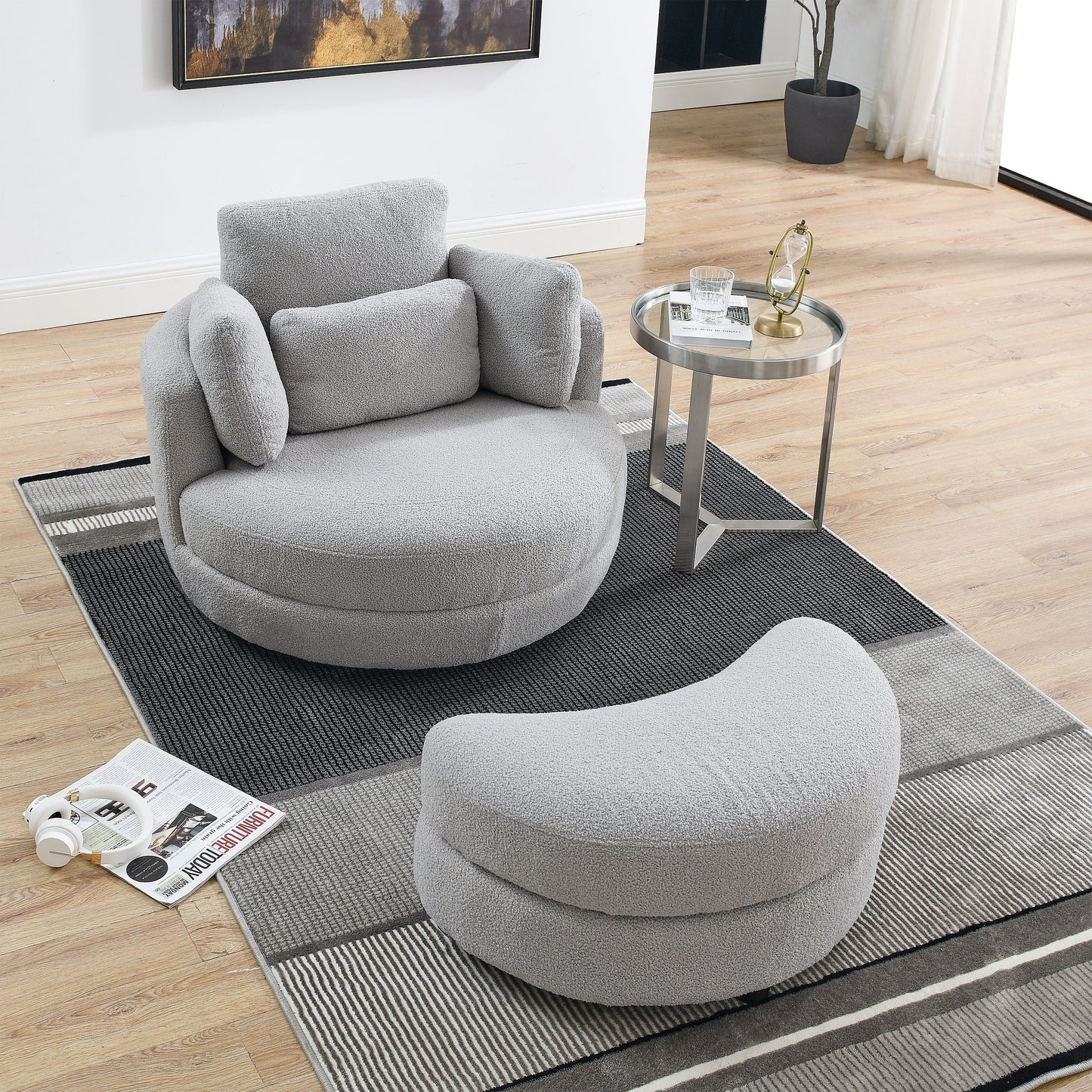 39"W Oversized Swivel Chair With Moon Storage Ottoman for Living Room, Modern Accent Round Loveseat Circle