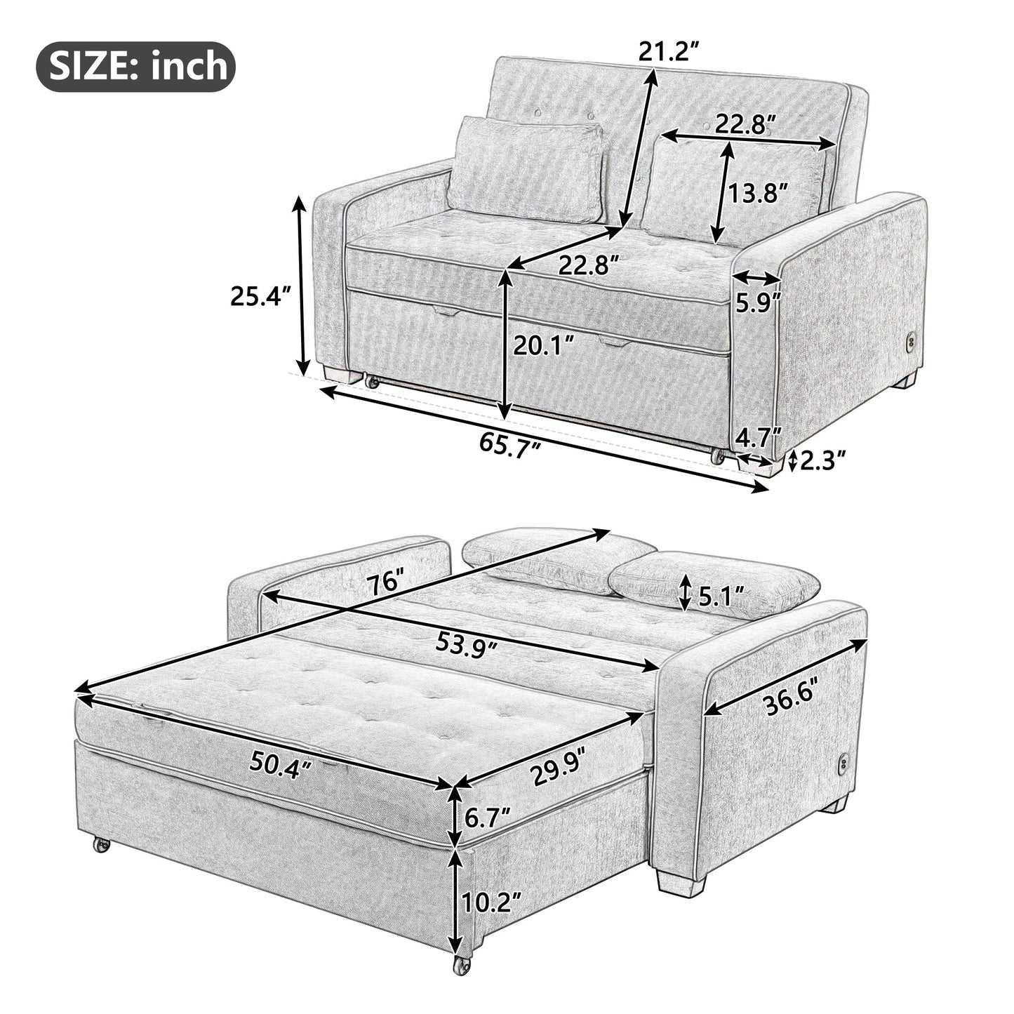 65.7" Linen Upholstered Sleeper Bed , Pull Out Sofa Bed Couch Attached Two Throw Pillows,Dual USB Charging Port