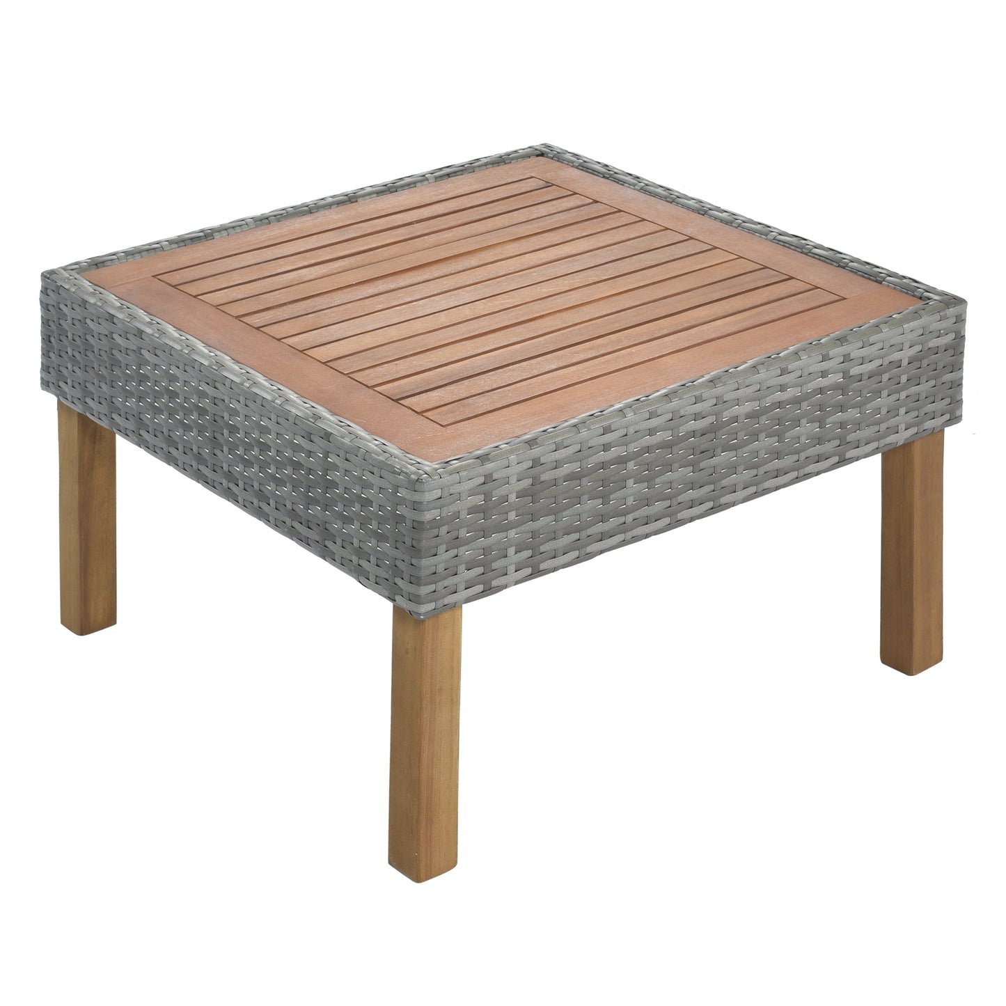 9-Piece Outdoor Patio Garden Wicker Sofa Set, Gray PE Rattan Sofa Set, With Wood Legs, Acacia Wood Tabletop