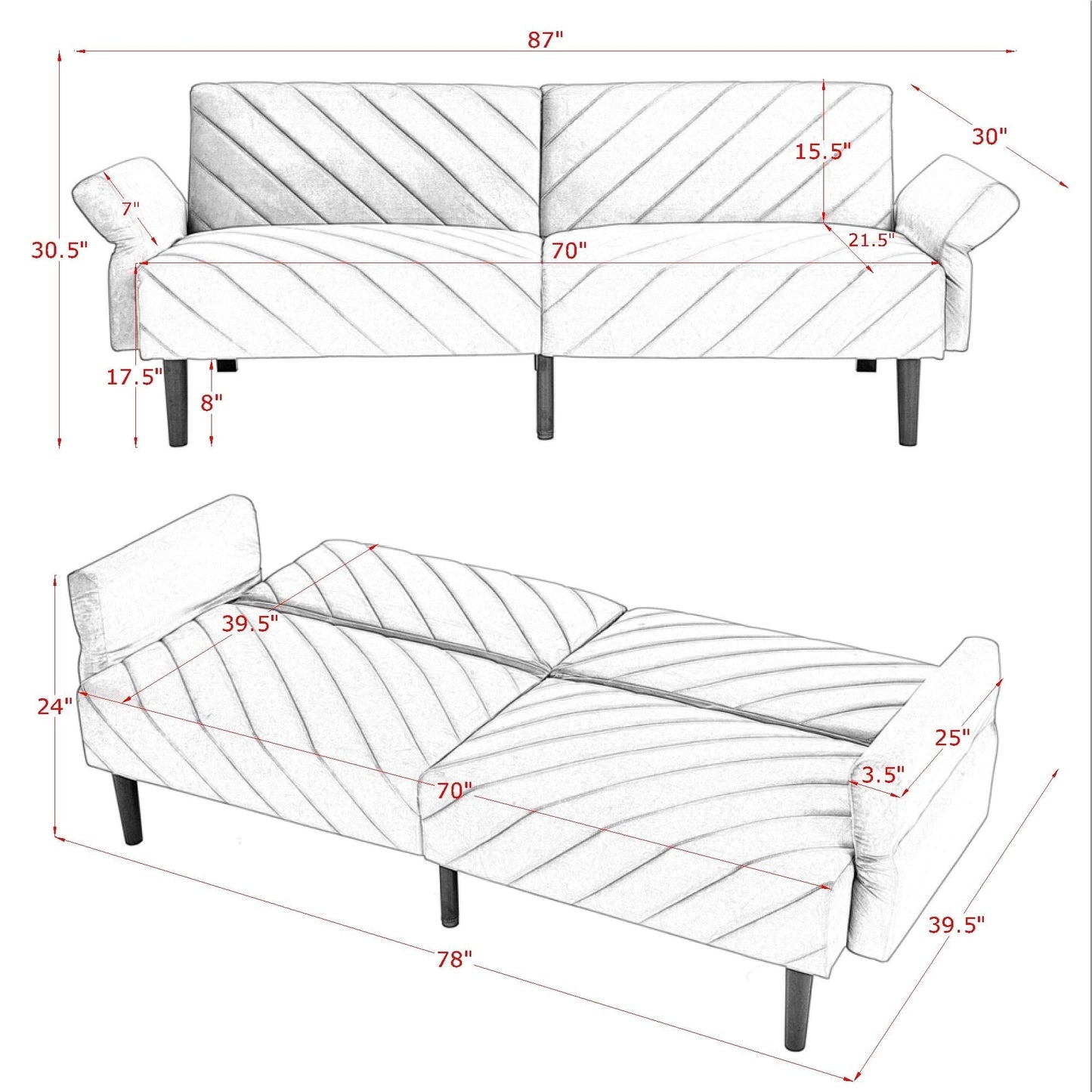 Velvet Futon Couch Convertible Folding Sofa Bed Tufted Couch With Adjustable Armrests for Apartment