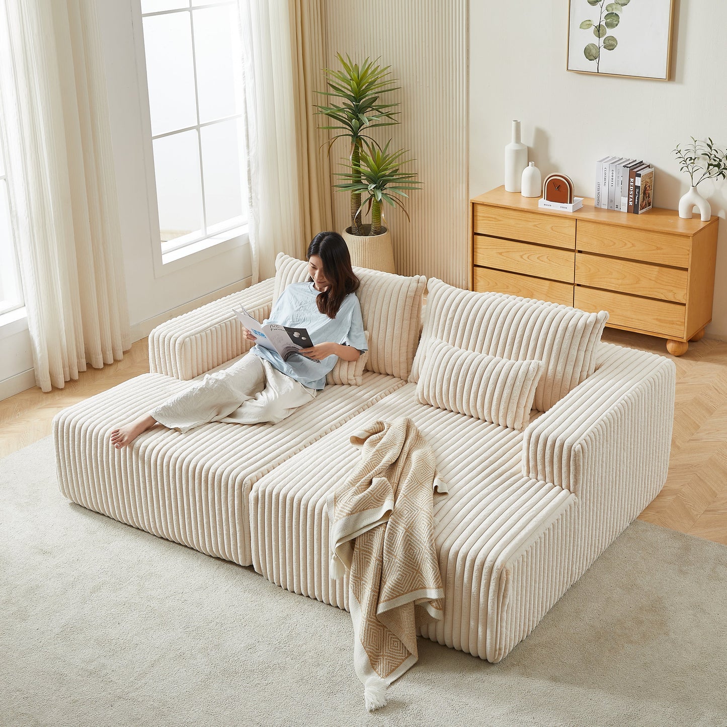 87" Oversized Sectional Lounge Chaise,No Assembly Required,Cloud Plush Loveseat With Reclining Sofa Bed,Fluffy Modern