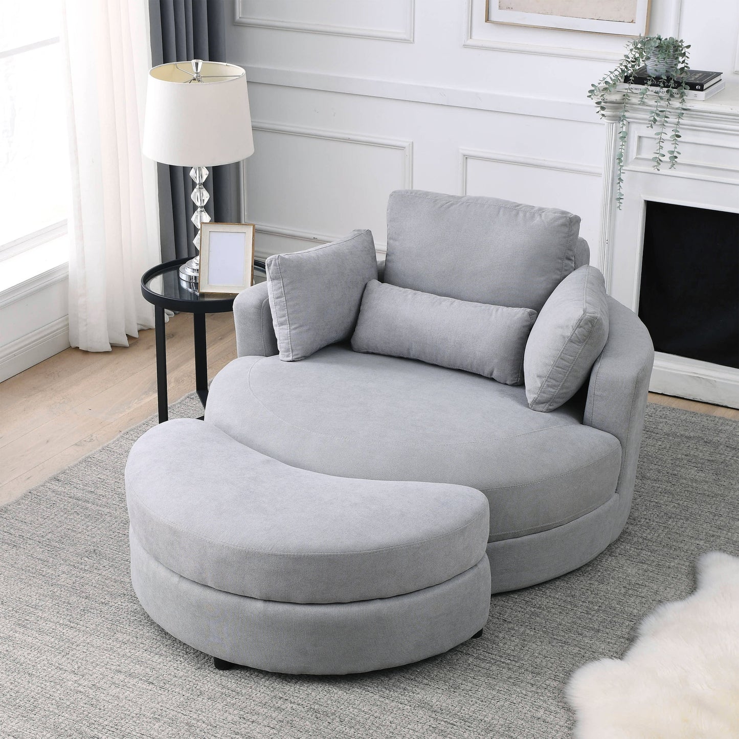 Swivel Accent Barrel Modern Grey Sofa Lounge Club Big Round Chair With Storage Ottoman Linen Fabric for Living Room
