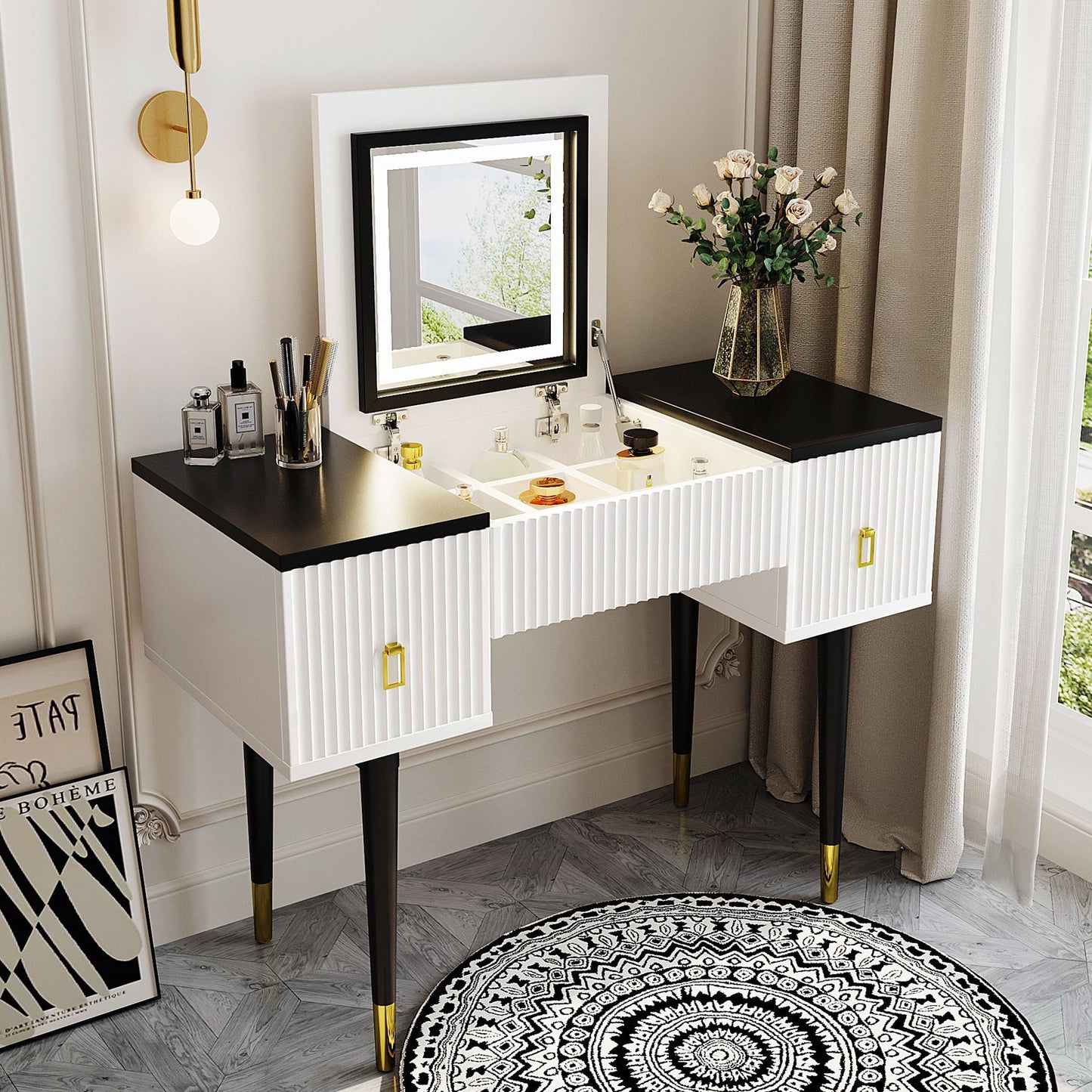 43.3" Modern Vanity Table Set With Flip-Top Mirror and LED Light, Dressing Table With Customizable Storage