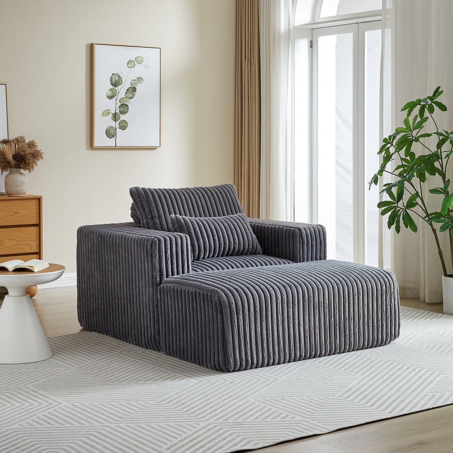 62.5-Inch Corduroy Sponge Sofa Lounge Chair With Removable Footrest,No Assembly Required,Fluffy Modern Sleeper Chair
