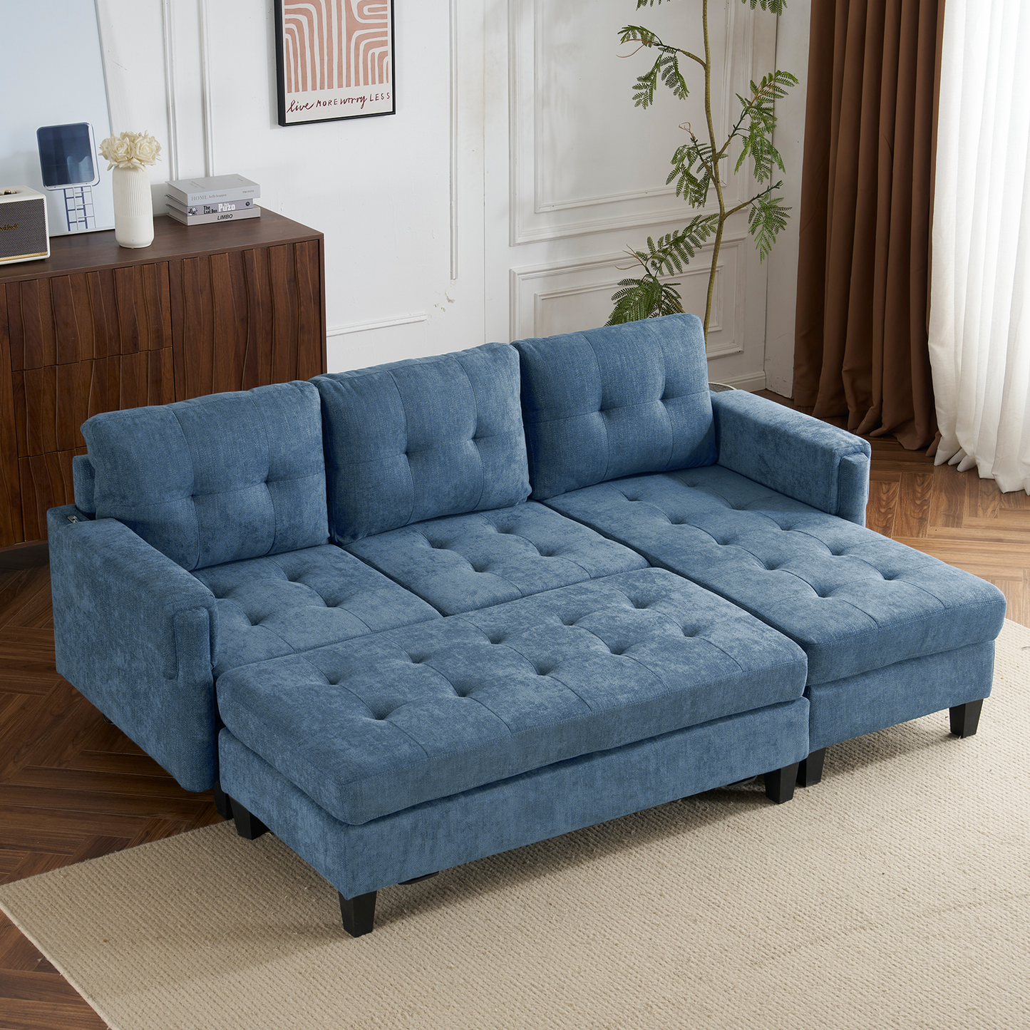 83.4" L-Shaped Sofa Sectional Couch Sofa Bed With Two USB Ports, a Movable Ottoman and a Reversible Chaise Lounge