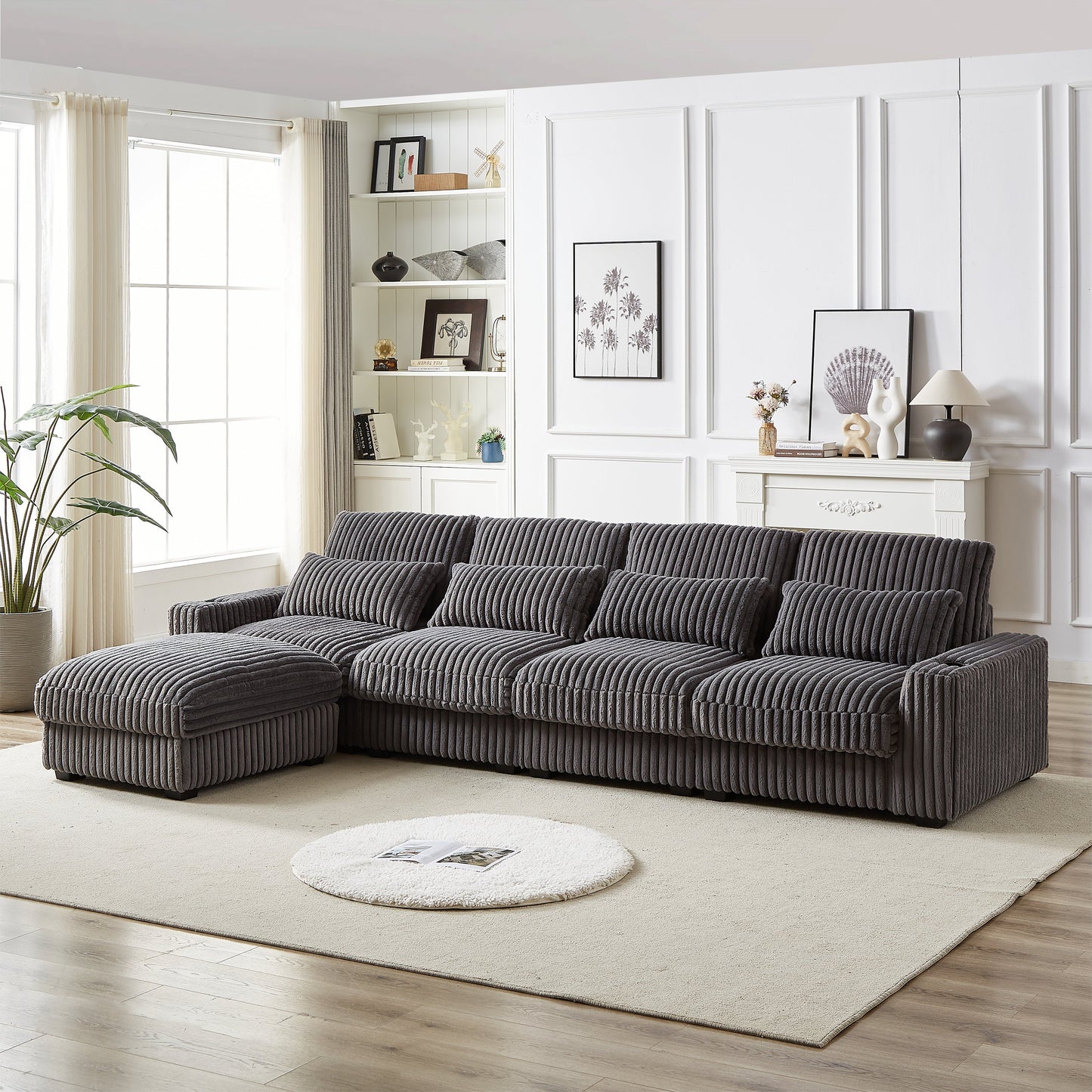 126-Inch Corduroy With Cup Holder Super Large L-Shaped Sofa, Movable Footrest, Four Waist Pillows and Four Back Cushion