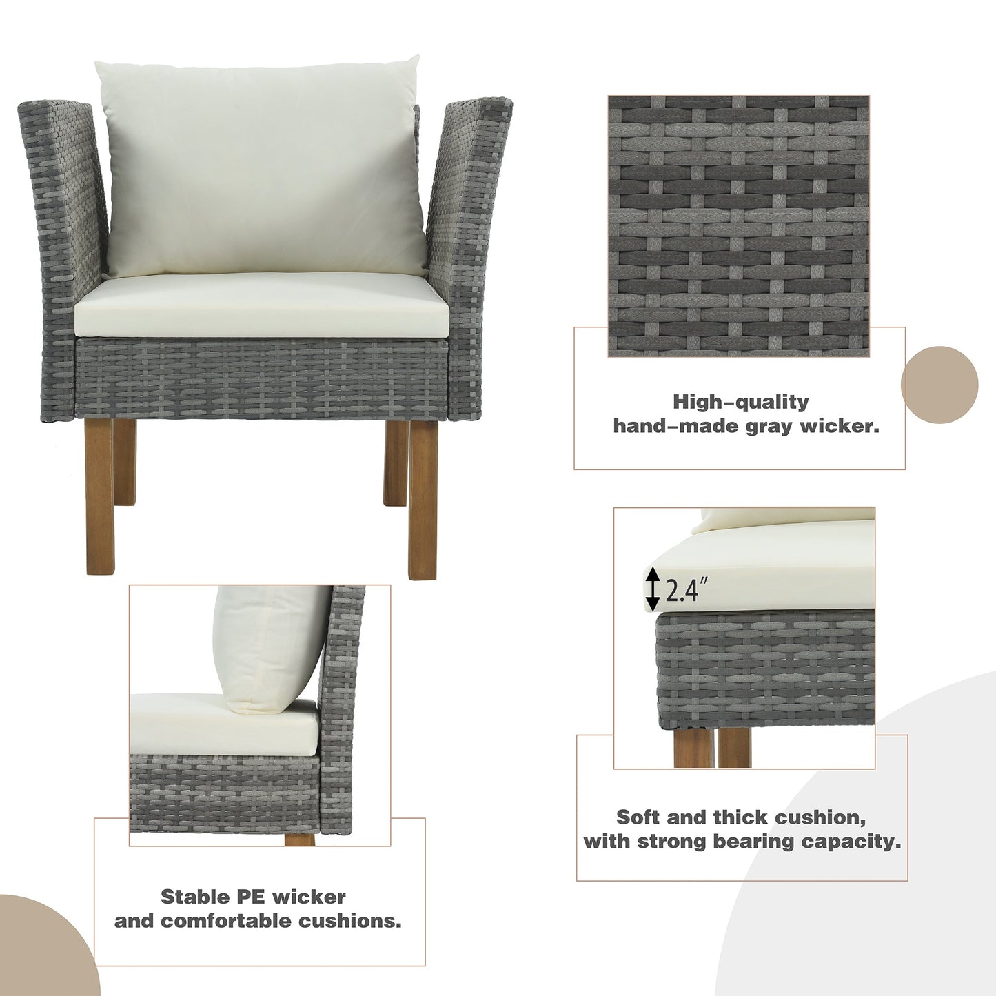9-Piece Outdoor Patio Garden Wicker Sofa Set, Gray PE Rattan Sofa Set, With Wood Legs, Acacia Wood Tabletop