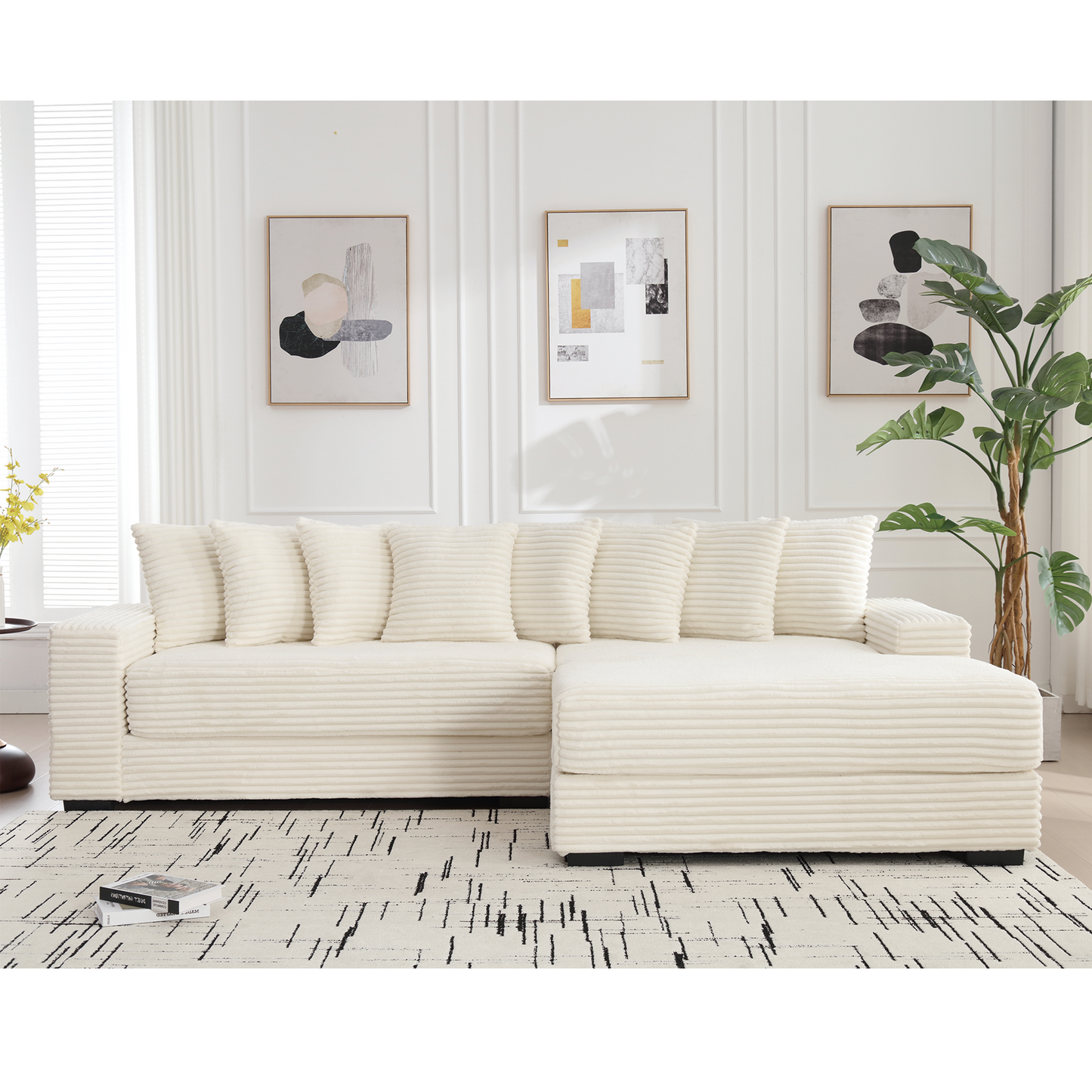 Oversized Two-Piece Couches, L Shaped Sofa, Corduroy, Right Chaise Daybed,with Armrests,Eight Throw Pillows,Corner Sofa