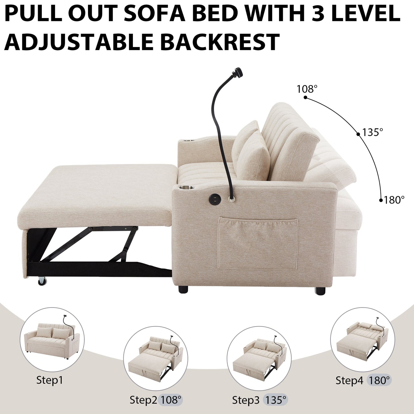 55.9" Convertible Sofa Bed Loveseat Sofa With Three USB Ports, Two Side Pockets, Two Cup Holders