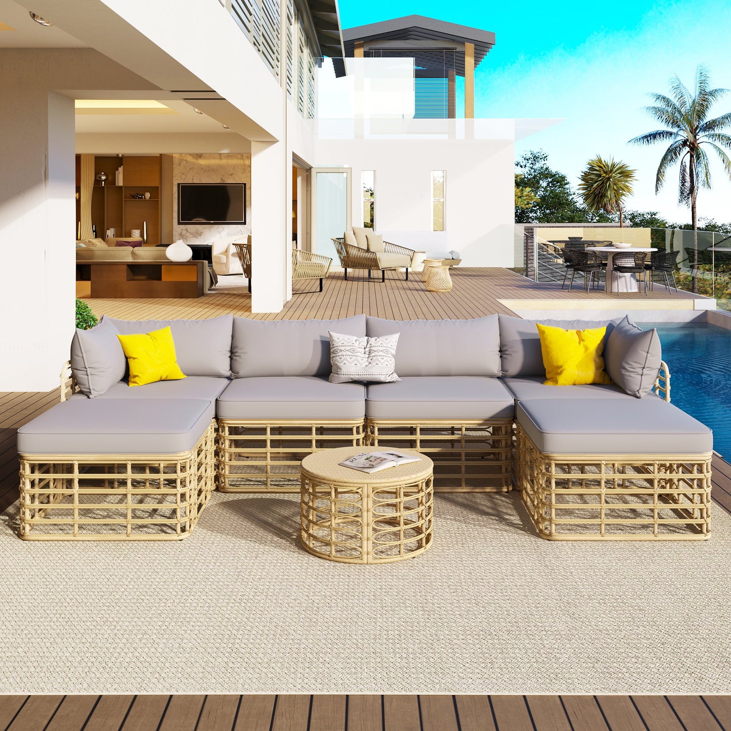7 Pieces Outdoor Patio Furniture, All-Weather Rattan Sectional Sofa Set With Thick Cushions and Pillows, Freely Combined