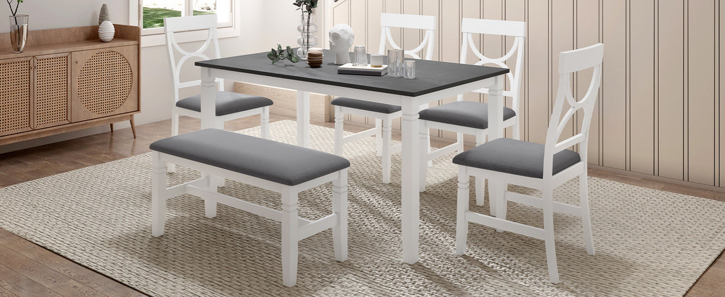 6-Piece Wood Dining Table Set Kitchen Table Set With Upholstered Bench and 4 Dining Chairs, Farmhouse Style,Gray+White