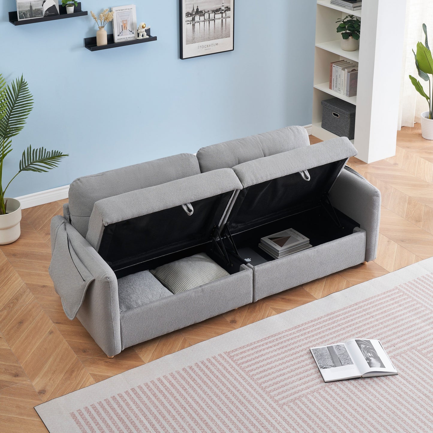 79.50 Inches Long, Teddy Cotton Linen Sofa Fabric, With Metal Conical Long Legs, Metal Strip Matching, Stylish