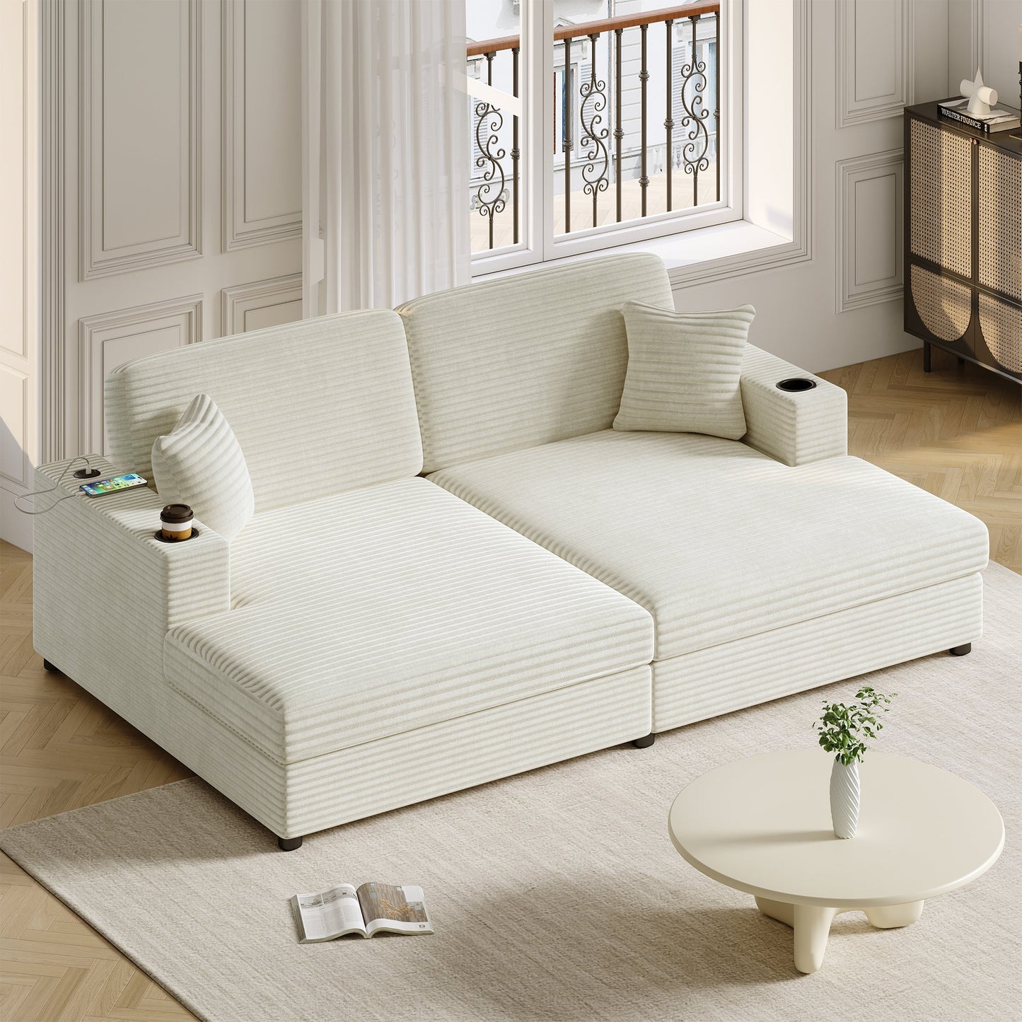 86.5" Oversized Loveseat Chaise Lounge Sectional Sofa Bed Corduroy Sleeper Sofa With Two USB Ports , Two Cup Holders