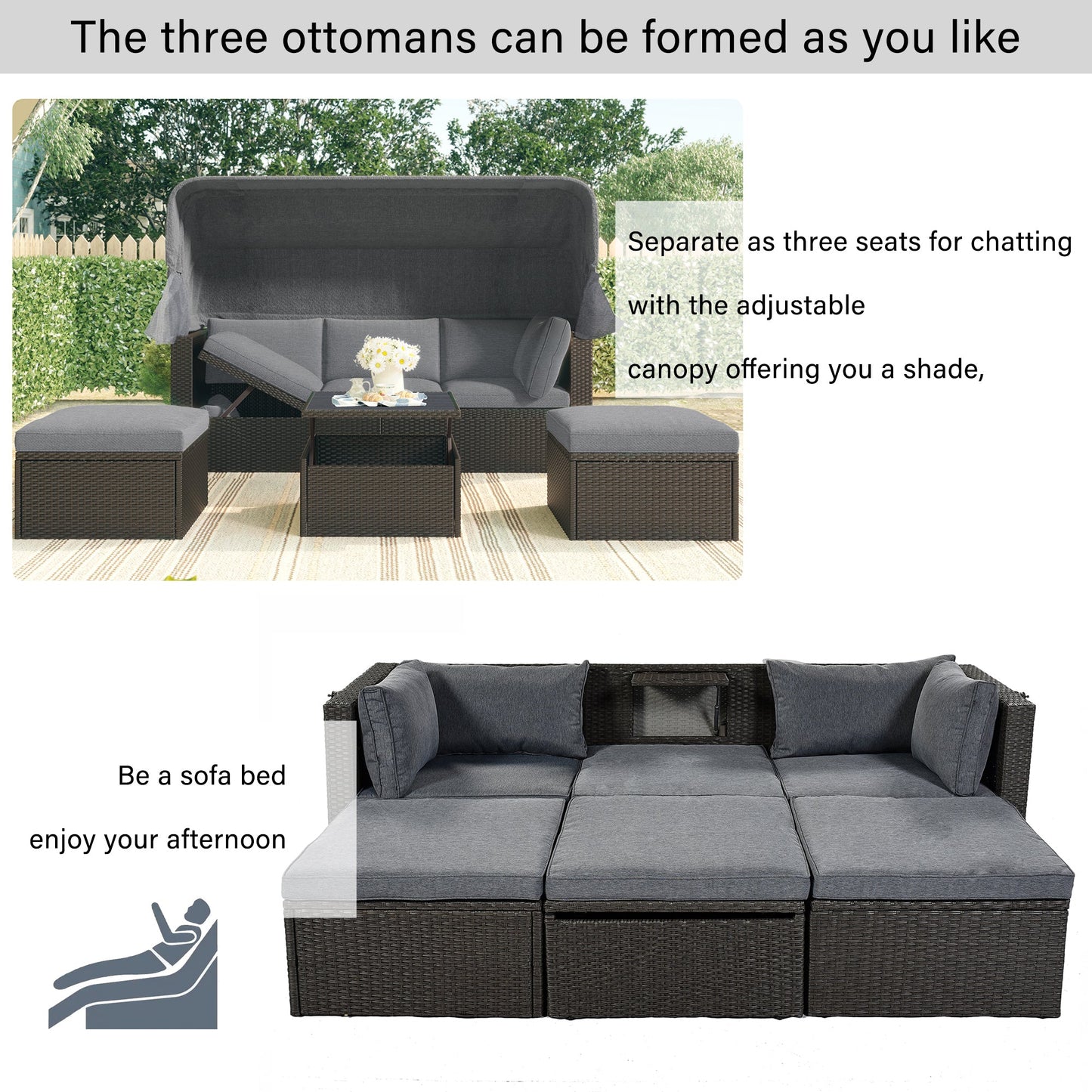 Outdoor Patio Rectangle Daybed With Retractable Canopy, Wicker Furniture Sectional Seating With Washable Cushions