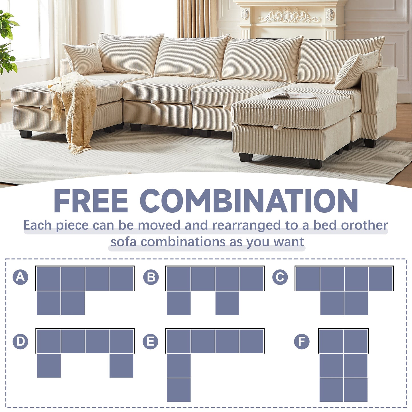 113.5'' Modular Sectiona Corduroy Sofa, Sectional Couches for Living Room U Shaped Sectional Couch With Storage Ottoman