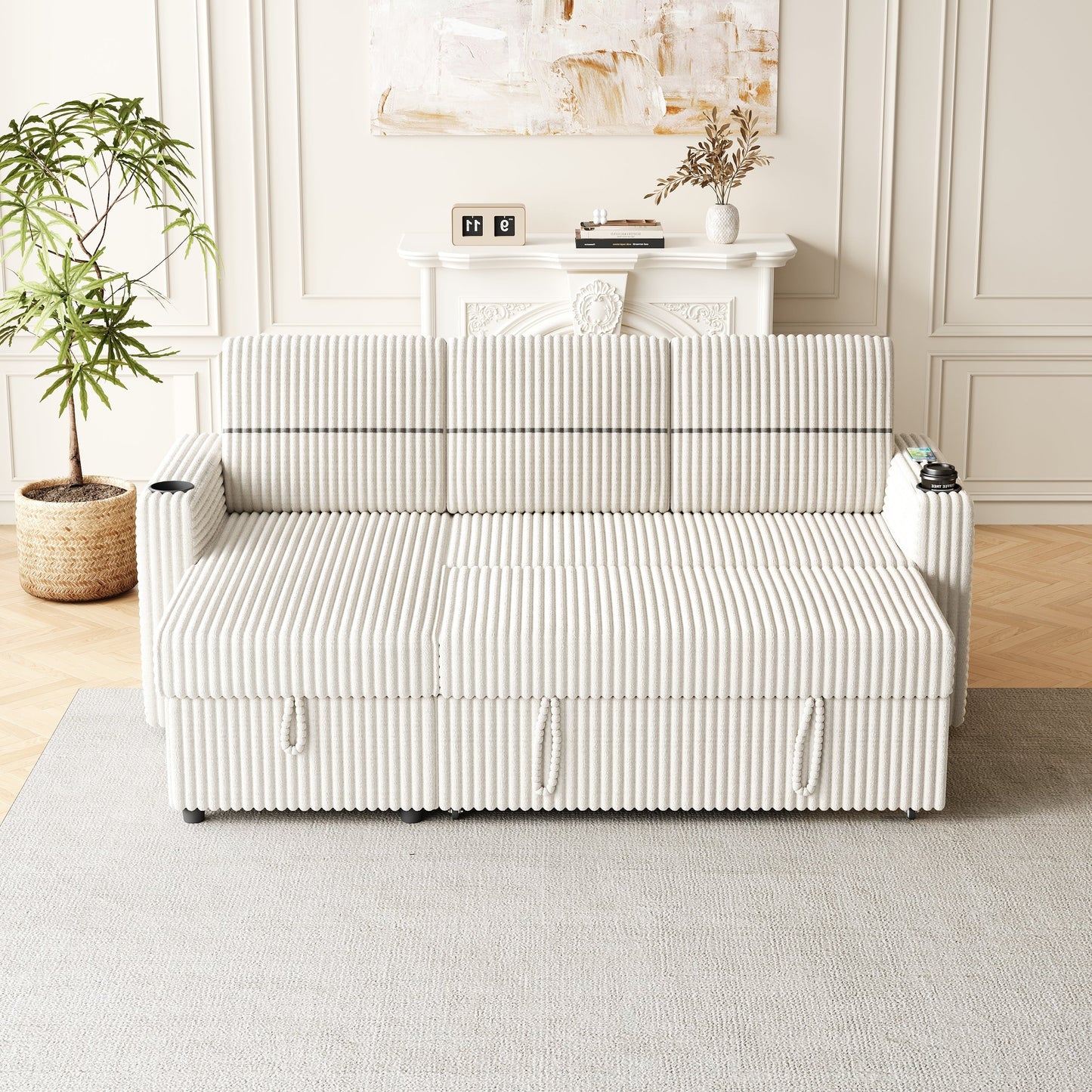 85 Inches Corduroy Sofa Bed, 3 Seater Sleeper Sofa With Storage Chaise, Square Handrail With Two Cup-Holder and USB Charger