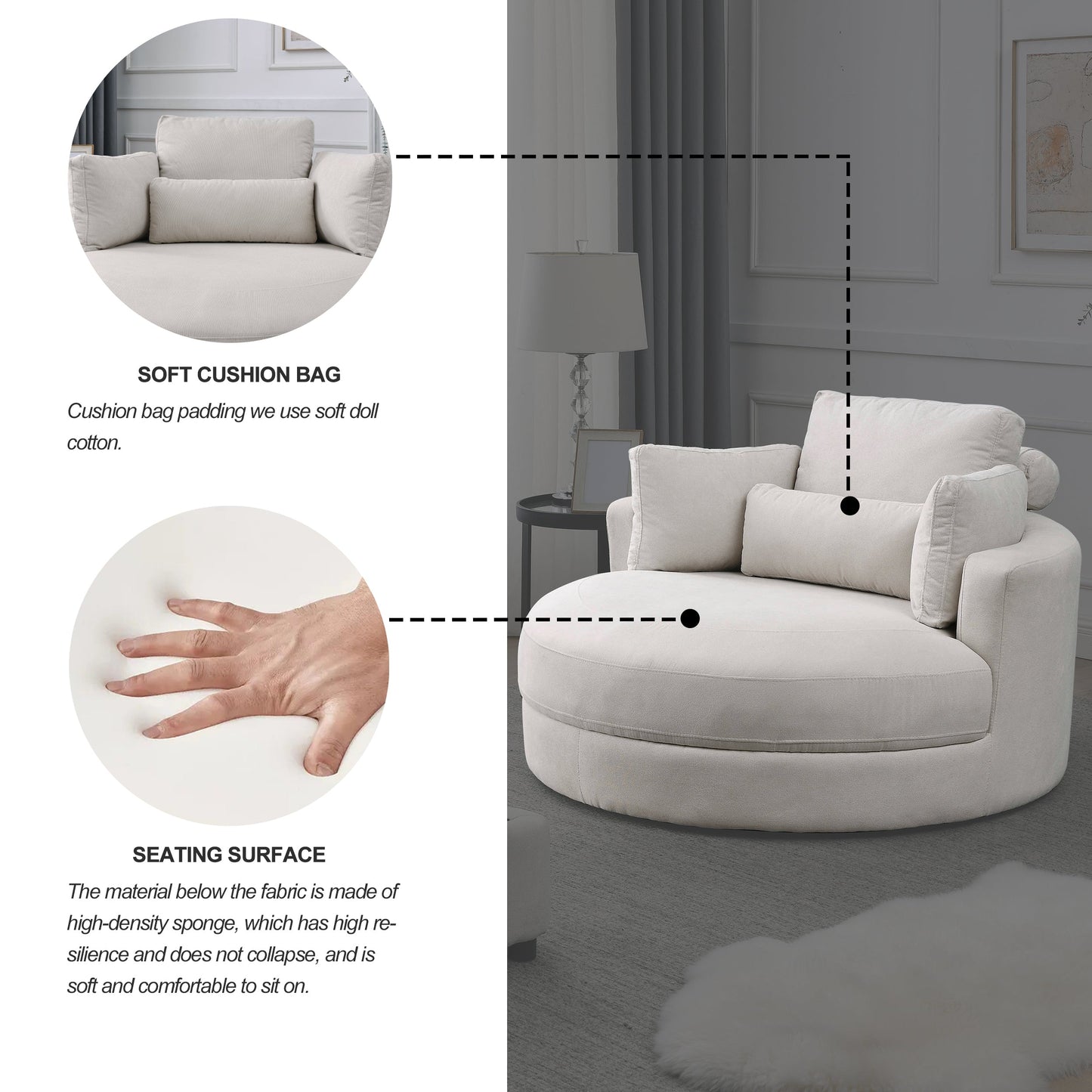 Swivel Accent Barrel Modern Sofa Lounge Club Big Round Chair With Storage Ottoman Linen Fabric for Living Room