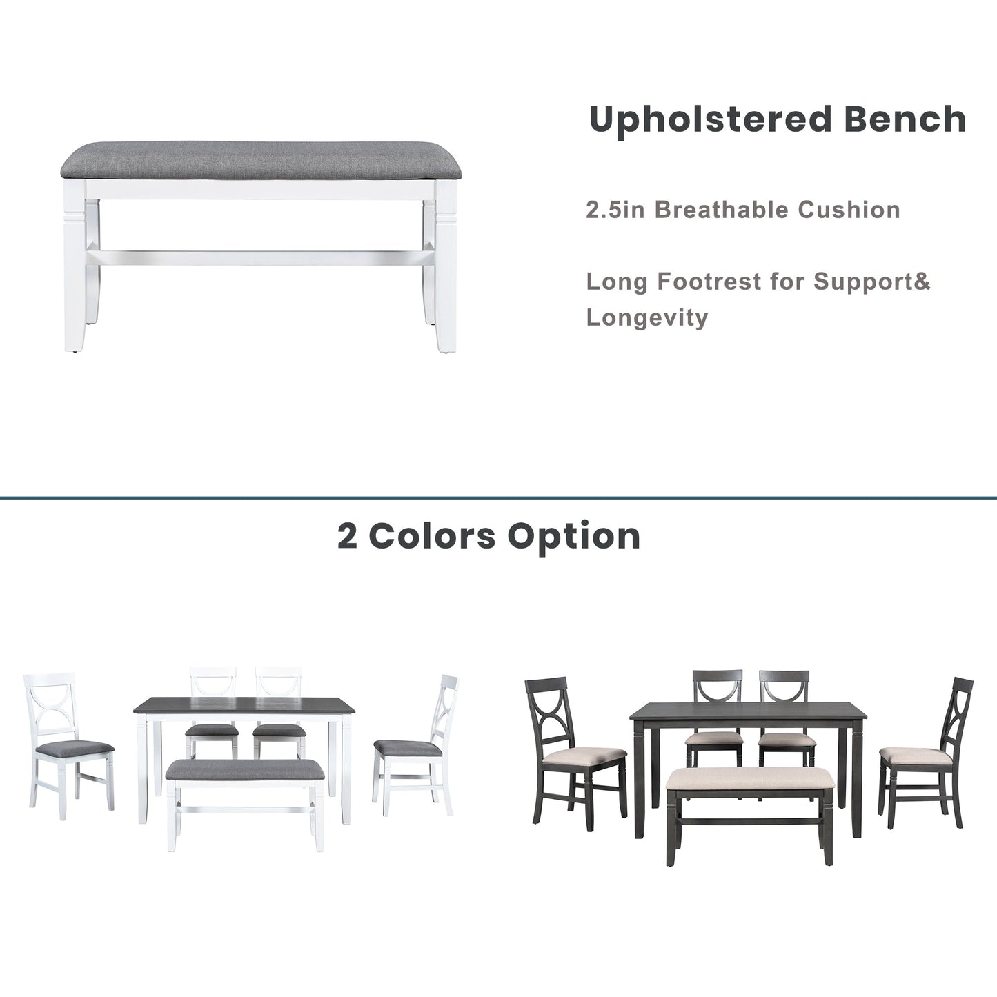 6-Piece Wood Dining Table Set Kitchen Table Set With Upholstered Bench and 4 Dining Chairs, Farmhouse Style,Gray+White
