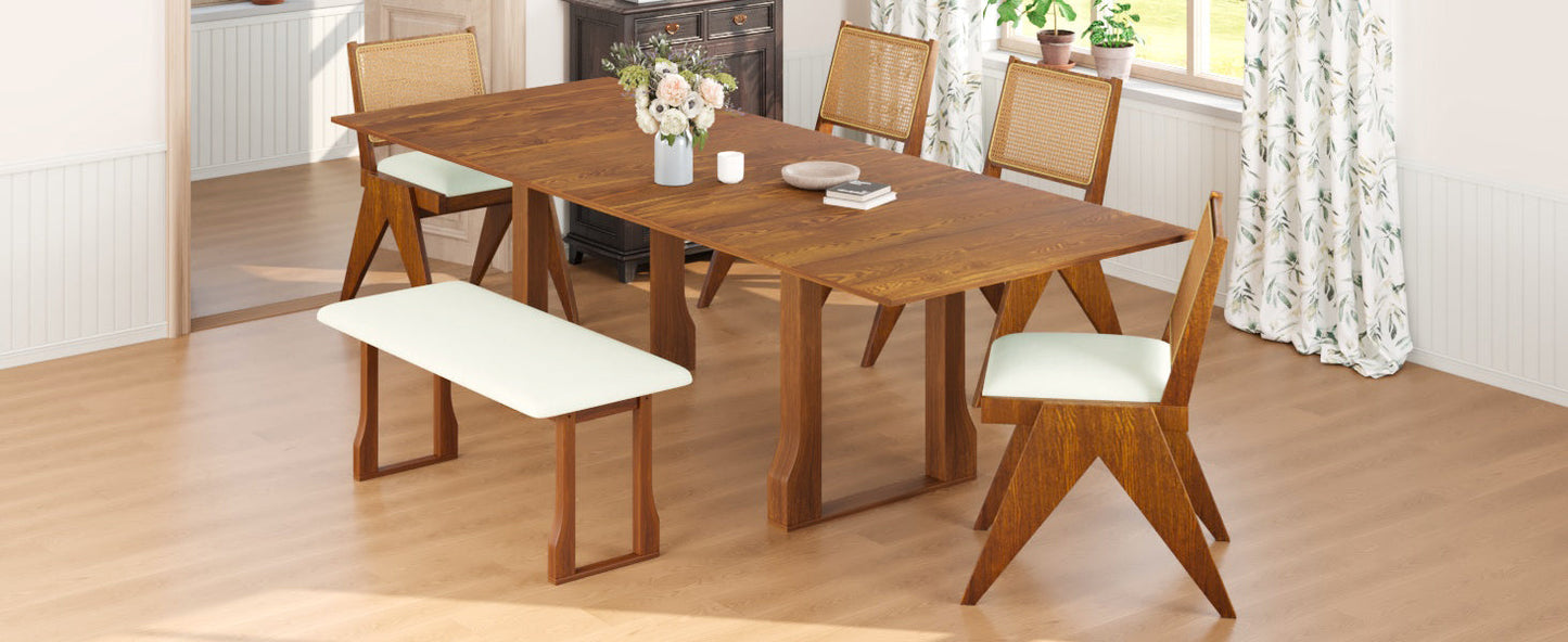 Modern 6-Piece 82.7inch Extendable Dining Table Set With 4 Wicker Back Upholstered Dining Chairs and Long Bench