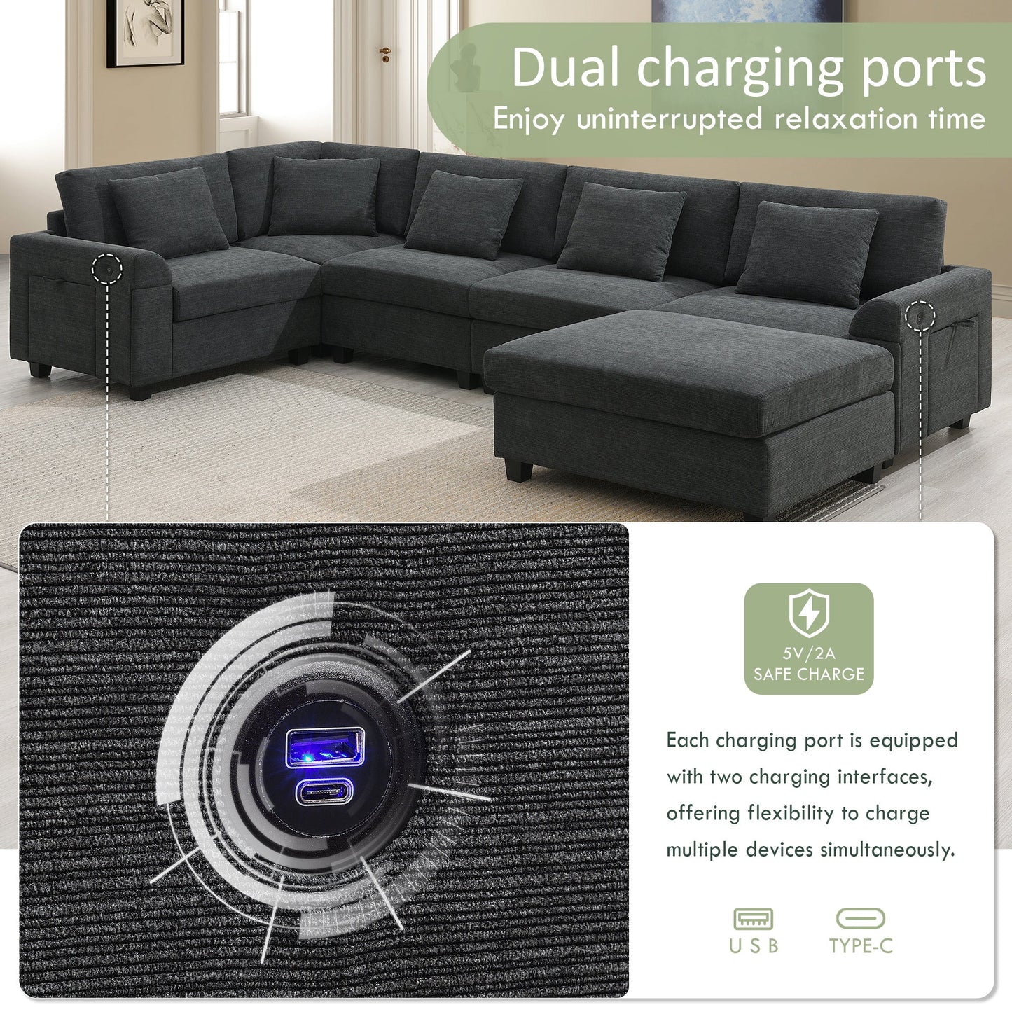 128*67" U Shaped Sectional Sofa,6 Seat Chenille Couch Set With Oversized Ottoman,Hidden Armrest Storage and Cup Holders