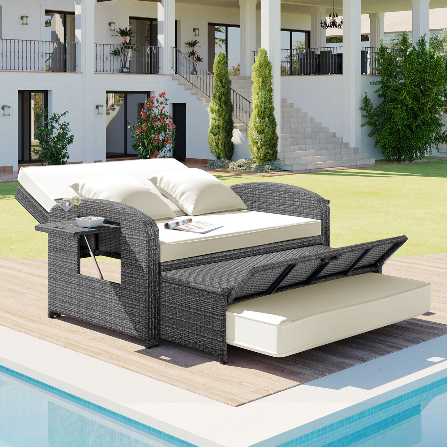 PE Wicker Rattan Double Chaise Lounge, 2-Person Reclining Daybed With Adjustable Back and Cushions