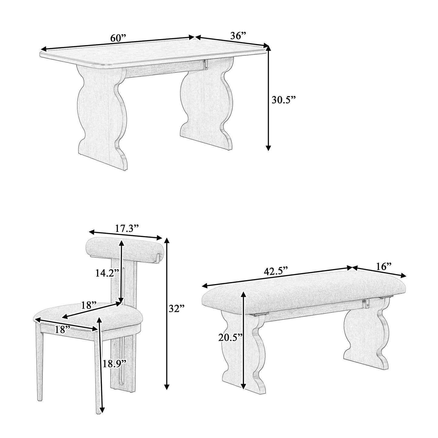 6-Piece Dining Set, Mid-Century Modern Table Set for 6 Persons With 4 Chairs and Bench, Padded Seats and Backrest