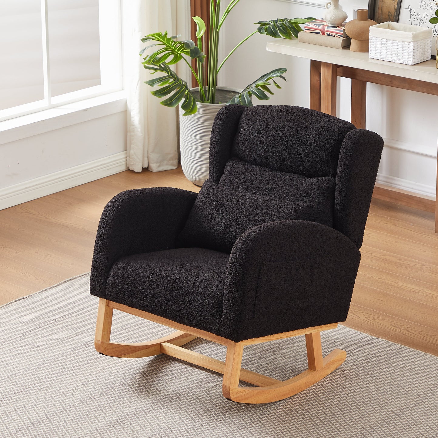 Modern Accent High Backrest Living Room Lounge Arm Rocking Chair, Two Side Pocket