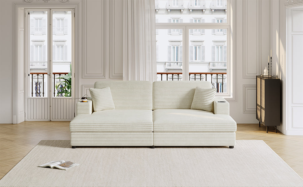 86.5" Oversized Loveseat Chaise Lounge Sectional Sofa Bed Corduroy Sleeper Sofa With Two USB Ports , Two Cup Holders