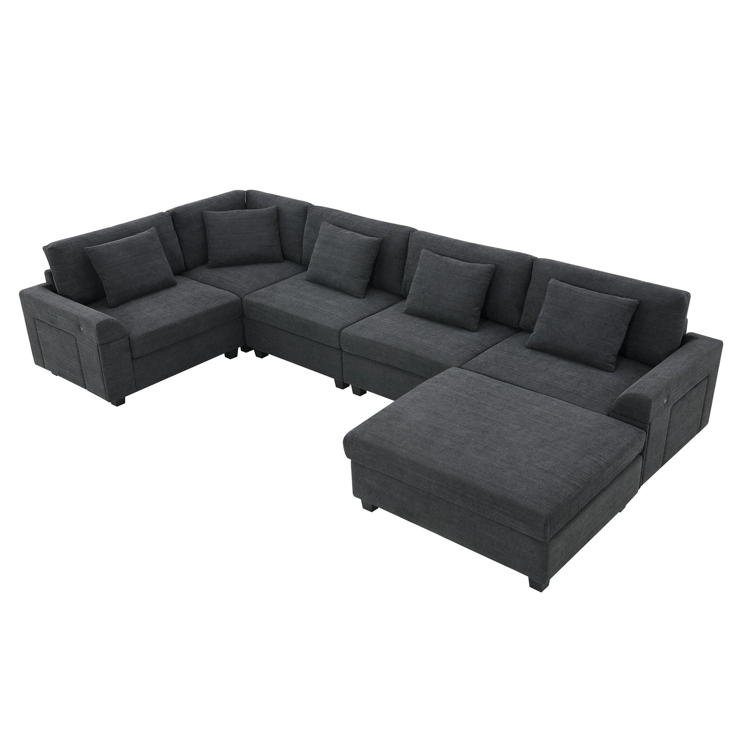 128*67" U Shaped Sectional Sofa,6 Seat Chenille Couch Set With Oversized Ottoman,Hidden Armrest Storage and Cup Holders