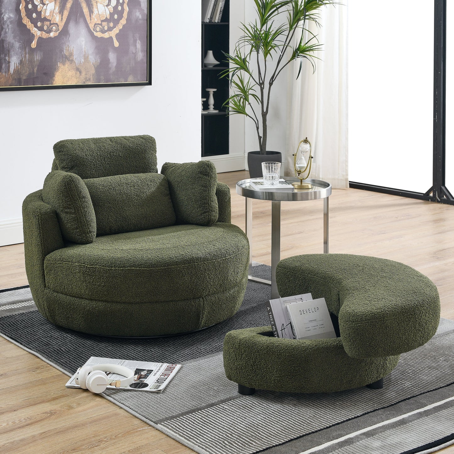 39"W Oversized Swivel Chair With Moon Storage Ottoman for Living Room, Modern Accent Round Loveseat Circle