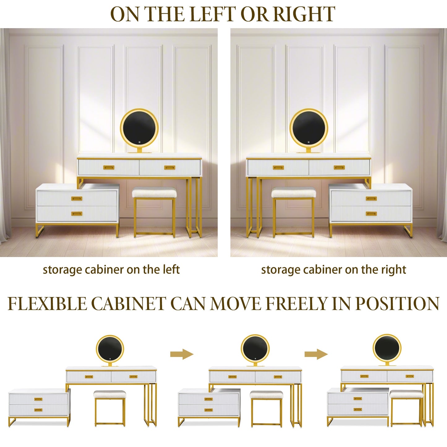 Modern Style Vanity Table With Movable Side Cabinet and 4-Drawers, Large Size Dressing Table With Mirror and 3-Colors