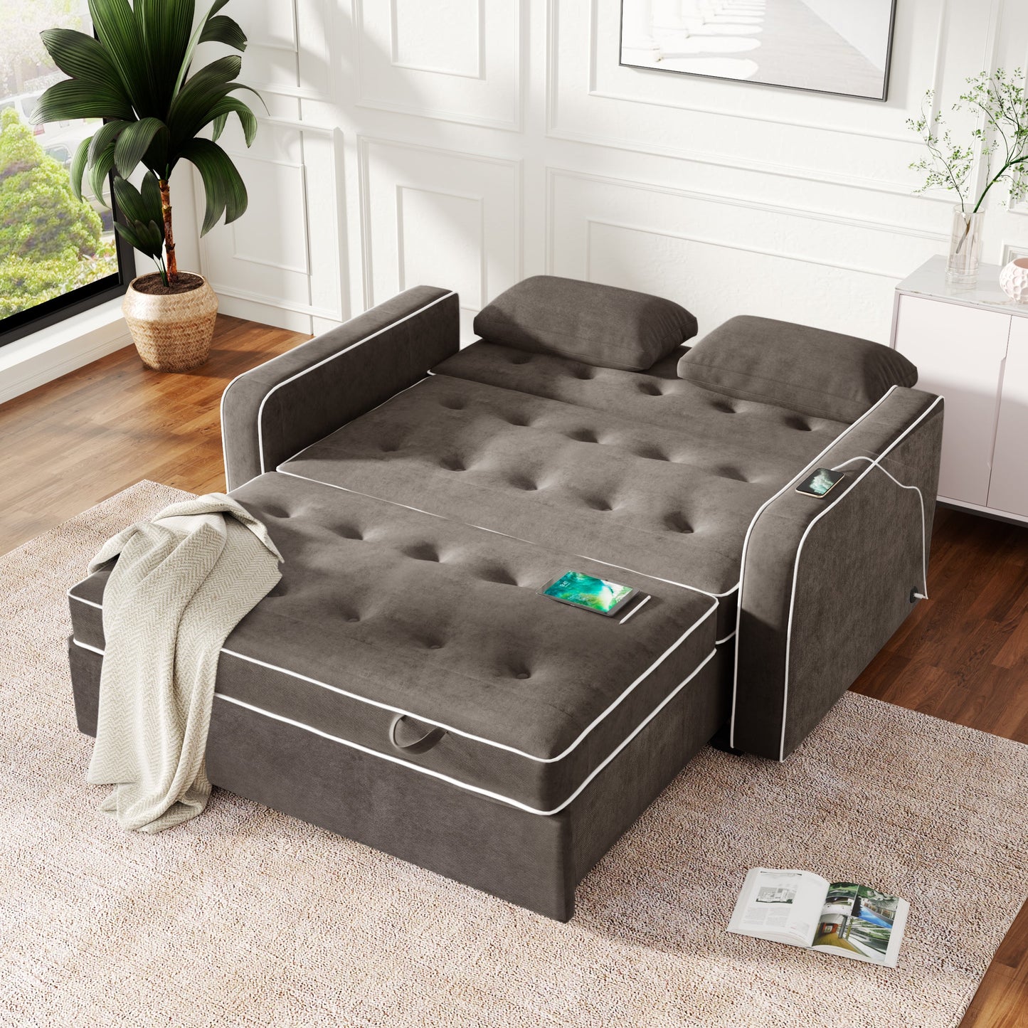 65.7" Linen Upholstered Sleeper Bed , Pull Out Sofa Bed Couch Attached Two Throw Pillows,Dual USB Charging Port