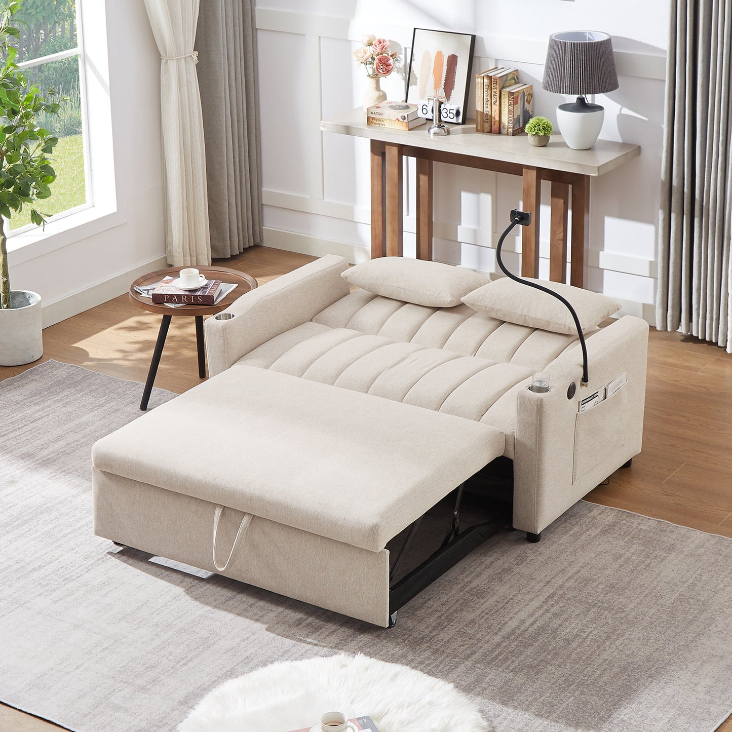 55.9" Convertible Sofa Bed Loveseat Sofa With Three USB Ports, Two Side Pockets, Two Cup Holders