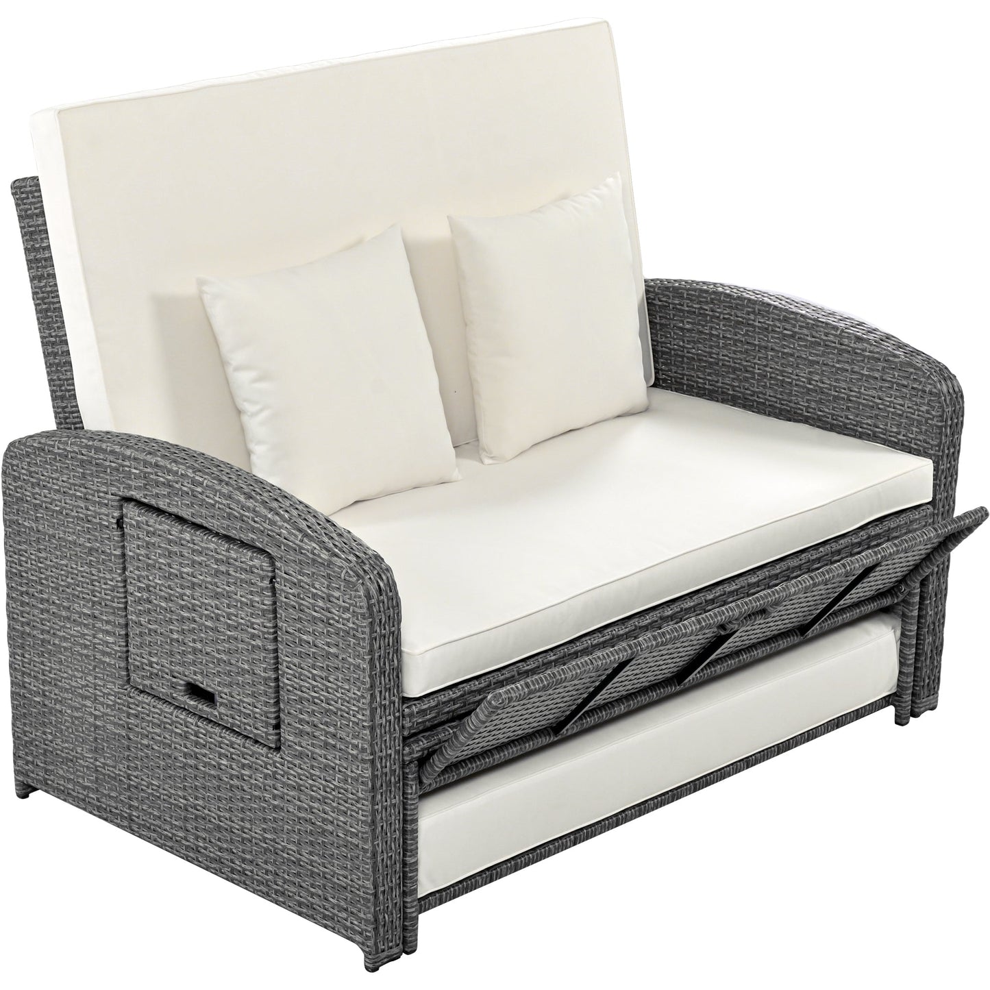 PE Wicker Rattan Double Chaise Lounge, 2-Person Reclining Daybed With Adjustable Back and Cushions