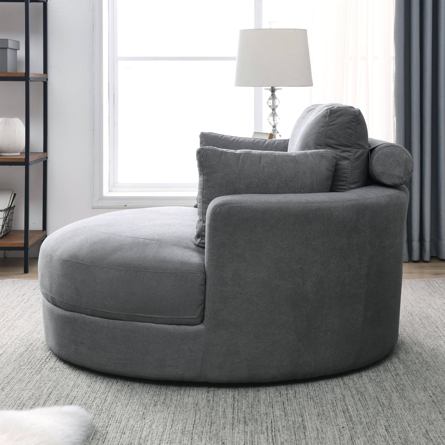 Swivel Accent Barrel Modern Dark Grey Sofa Lounge Club Big Round Chair With Storage Ottoman Linen Fabric for Living Room