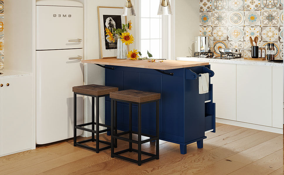 Farmhouse Kitchen Island Set With Drop Leaf and 2 Seatings,Dining Table Set With Storage Cabinet, Drawers and Towel Rack