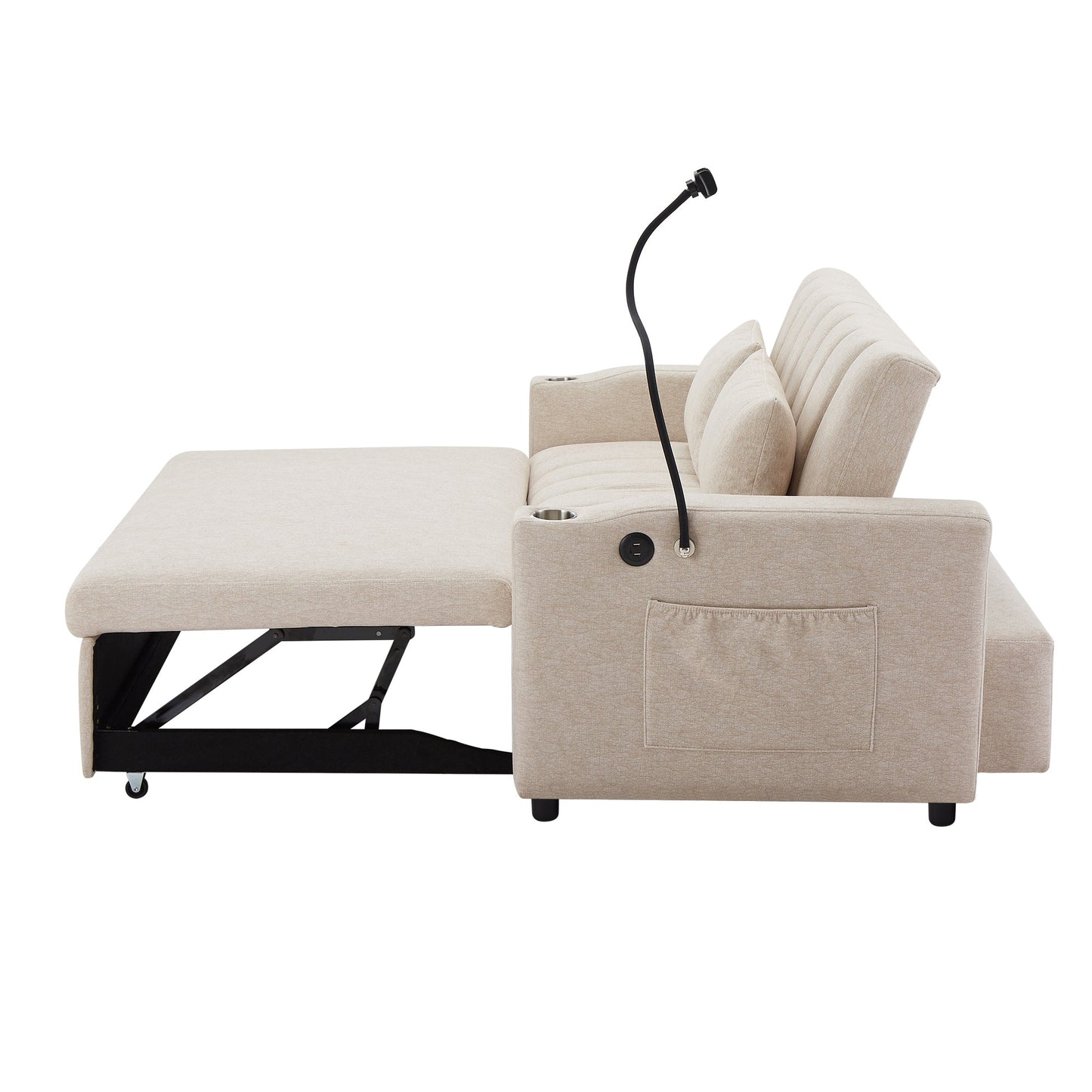 55.9" Convertible Sofa Bed Loveseat Sofa With Three USB Ports, Two Side Pockets, Two Cup Holders