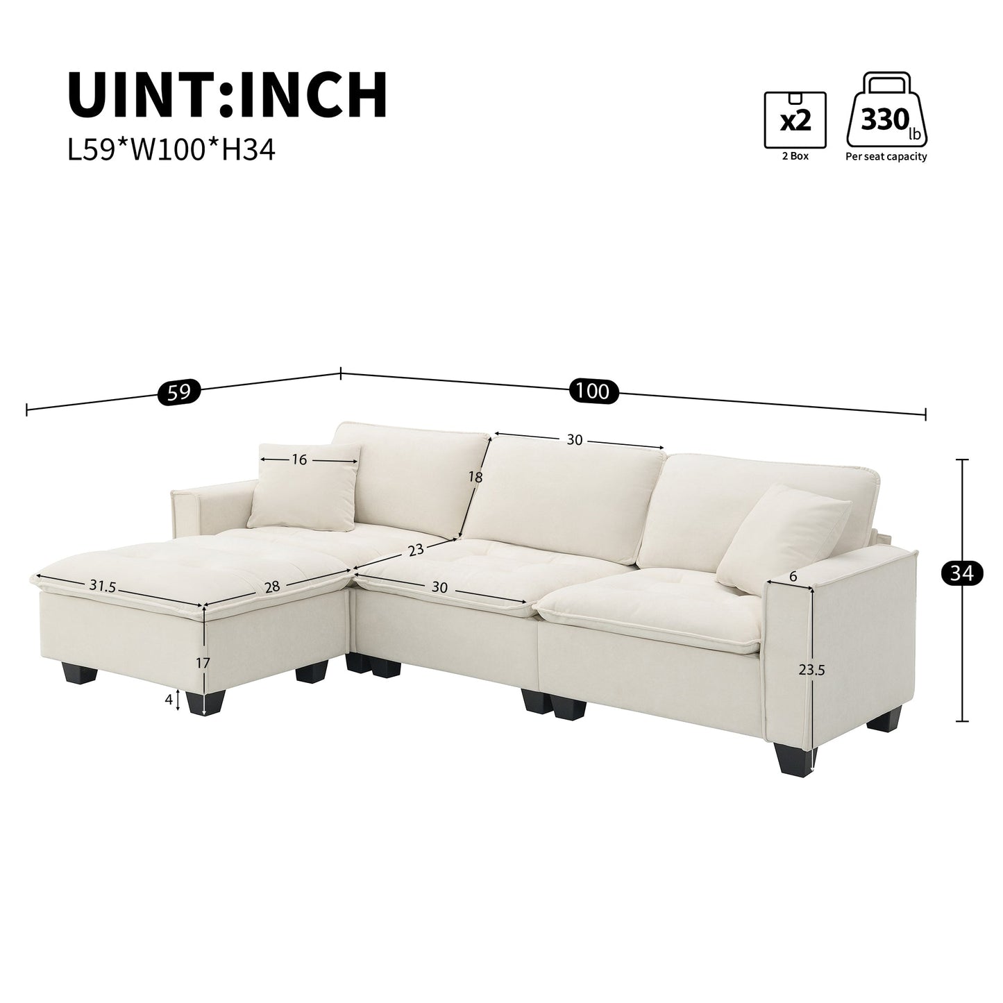 100*59" Modern Convertible Sectional Sofa,L-Shaped Reversible Couch Set With Free Pillows,4 Seat Suede Velvet Sleeper Sofa