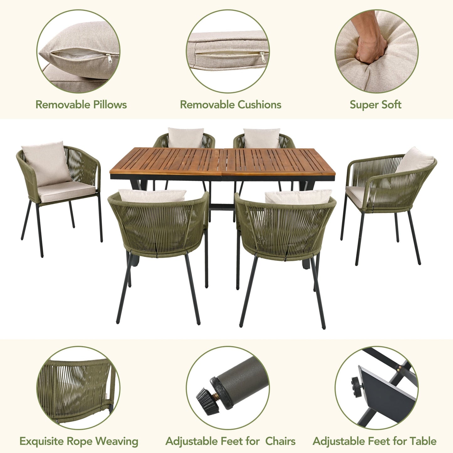 7 Pieces Patio Dining Set, All-Weather Outdoor Furniture Set With Dining Table and Chairs, Acacia Wood Tabletop