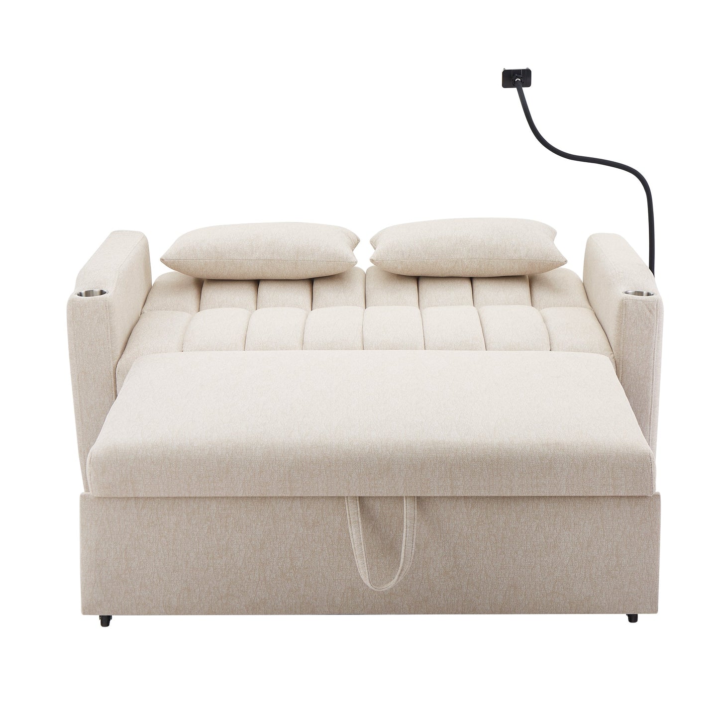 55.9" Convertible Sofa Bed Loveseat Sofa With Three USB Ports, Two Side Pockets, Two Cup Holders