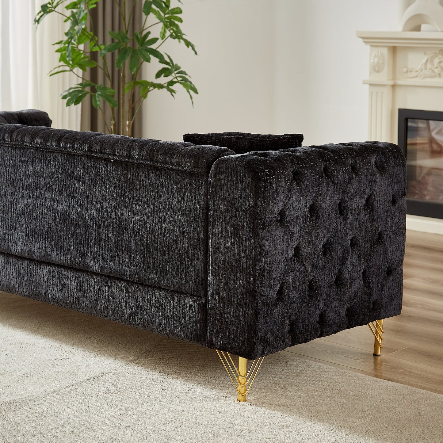82-Inch Chenille Pull Buckle Design Sofa for Living Room,Buttons Tufted With Copper Nail Decoration Armrest, Modern Couch