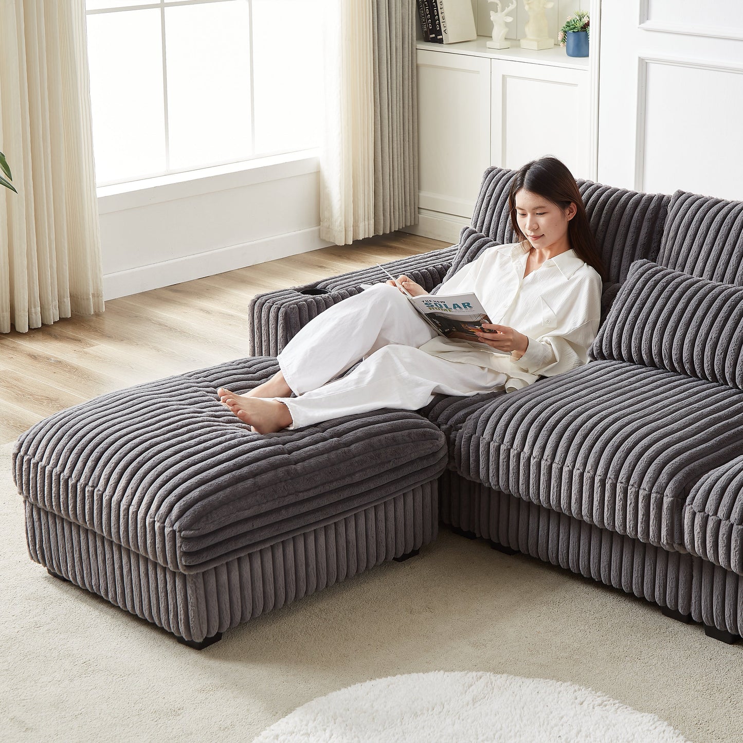 126-Inch Corduroy With Cup Holder Super Large L-Shaped Sofa, Movable Footrest, Four Waist Pillows and Four Back Cushion